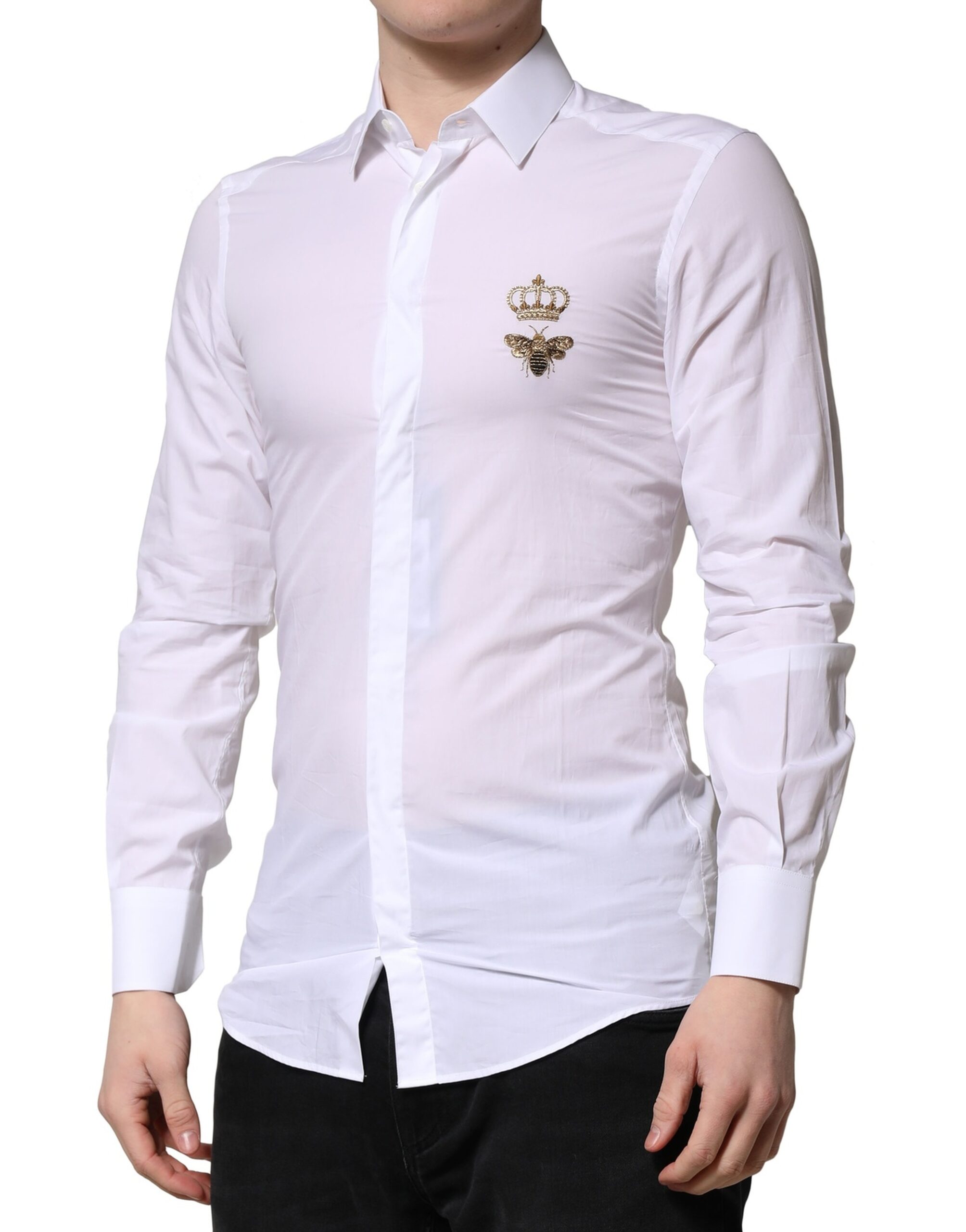Dolce & Gabbana White GOLD Crown Bee Men Dress Formal Shirt - Image 3