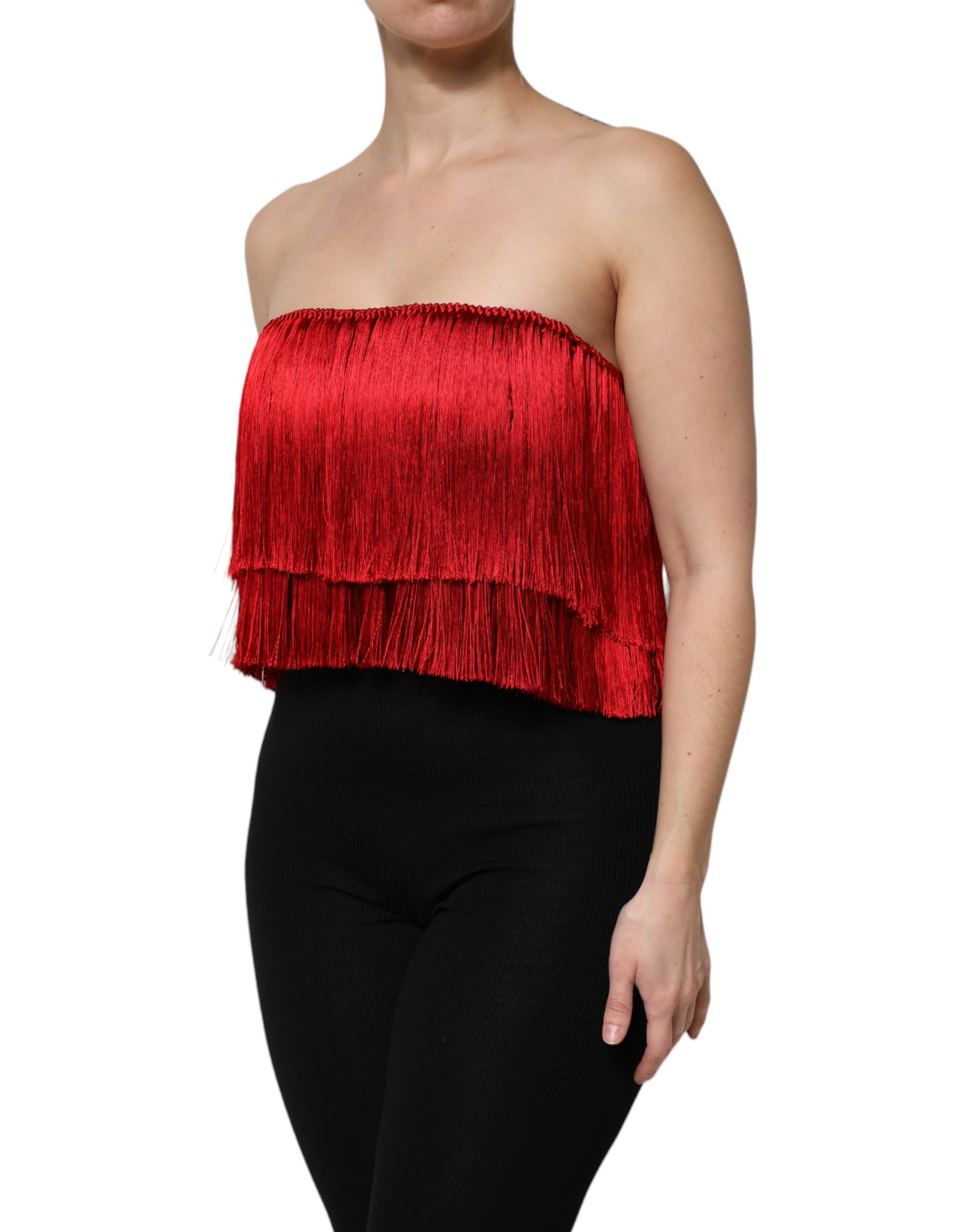 Dolce & Gabbana Red Silk Strapless Fringe Crop Tube Top - Image 3