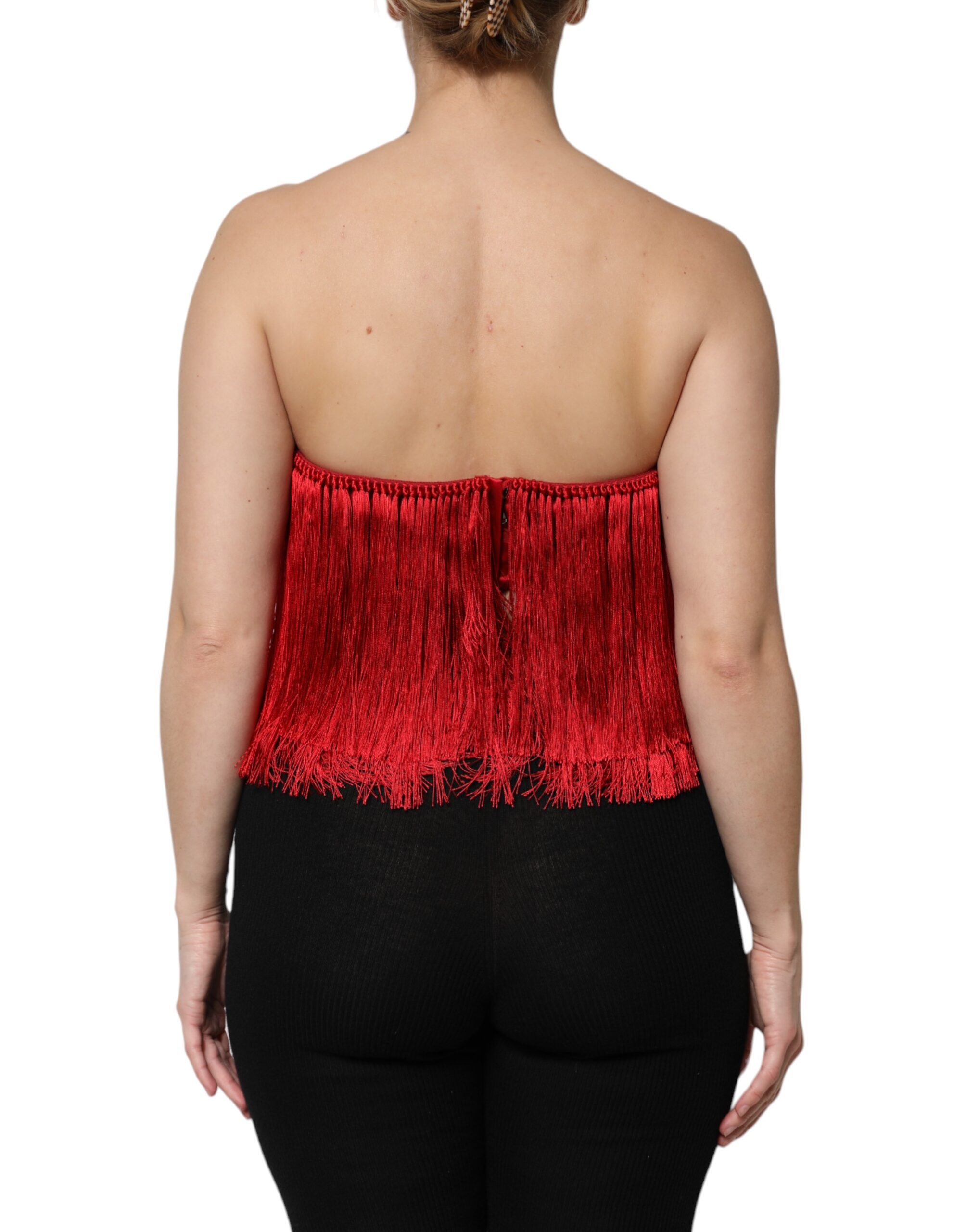 Dolce & Gabbana Red Silk Strapless Fringe Crop Tube Top - Image 4