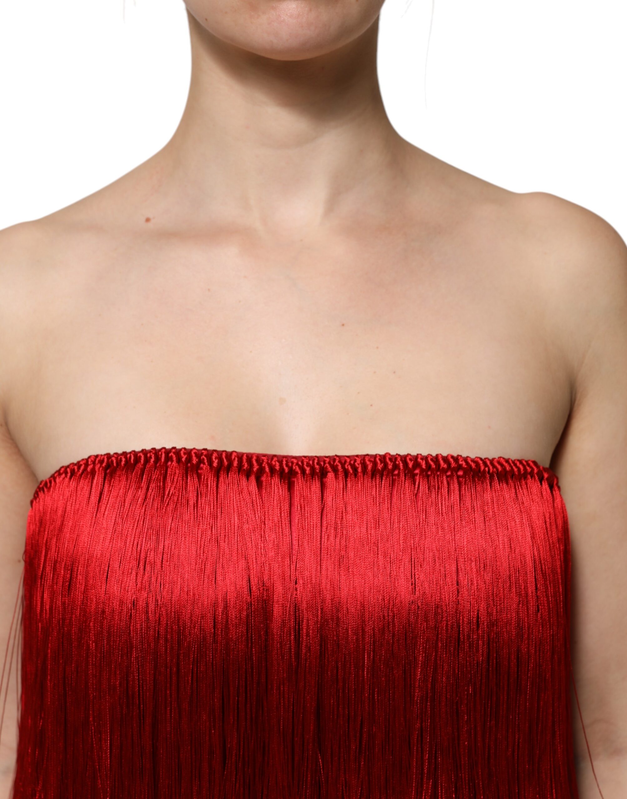 Dolce & Gabbana Red Silk Strapless Fringe Crop Tube Top - Image 5