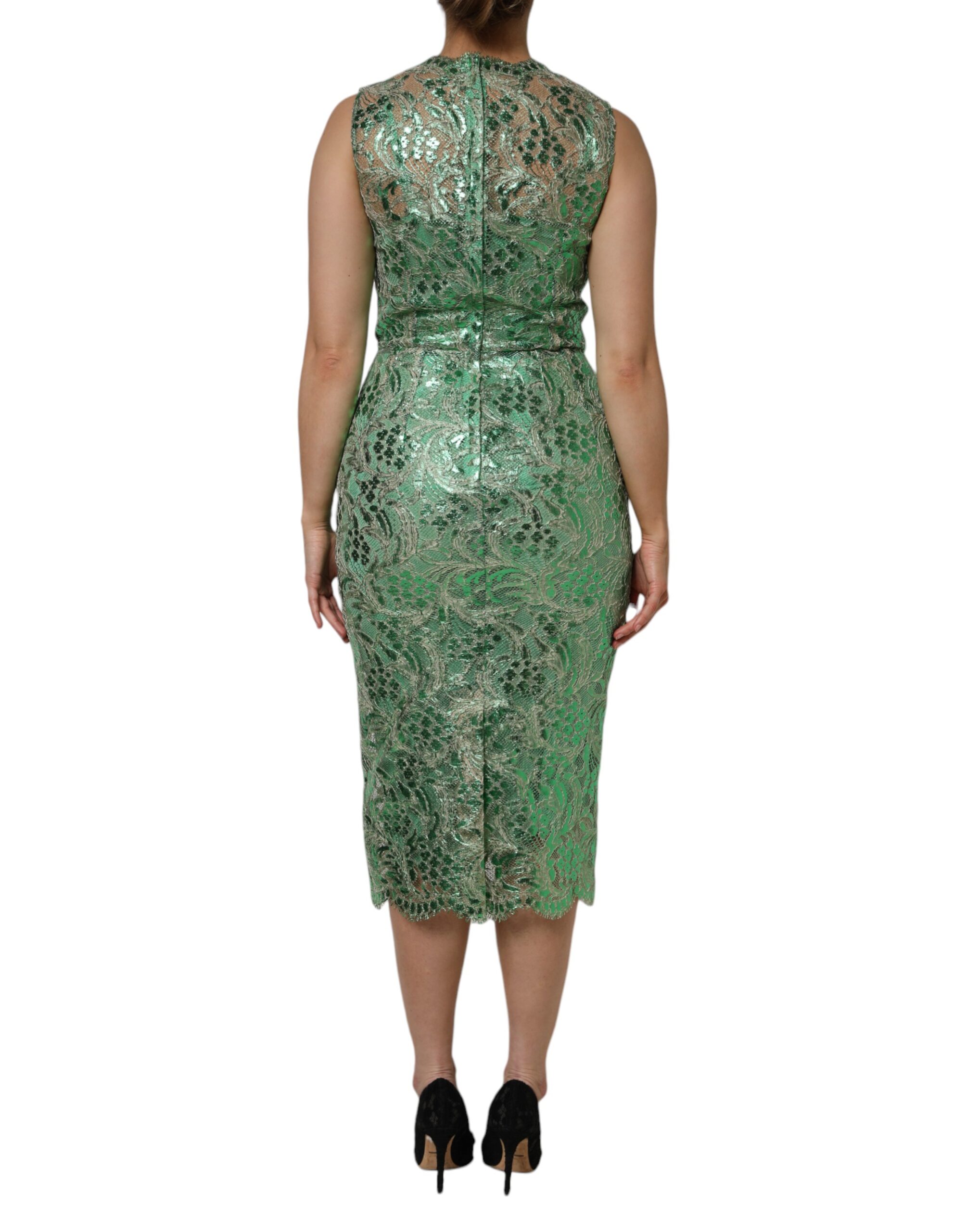 Dolce & Gabbana Green Cotton Floral Lace Sheath Midi Dress - Image 4