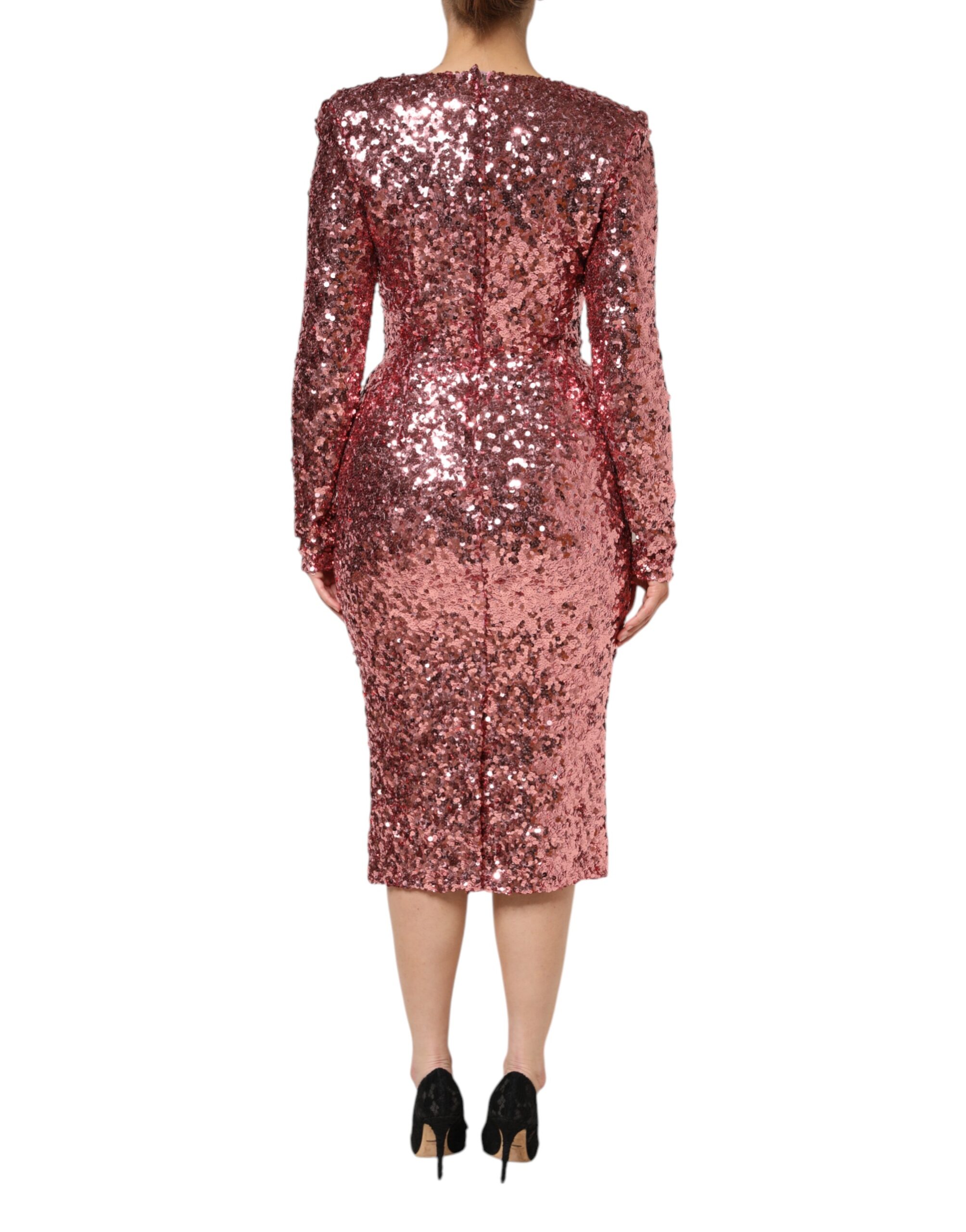 Dolce & Gabbana Pink Sequin Statement Nylon Midi V-Neck Dress - Image 4