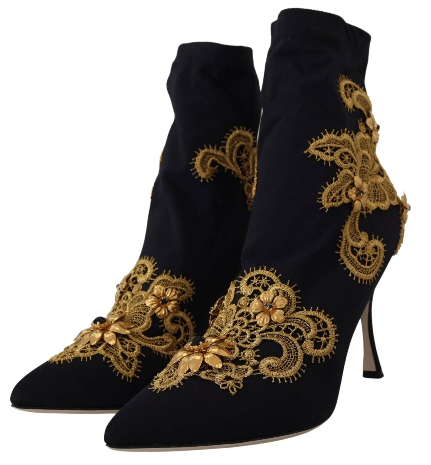 Dolce & Gabbana Black Gold Embroidery Crystal Boots Shoes - Image 4