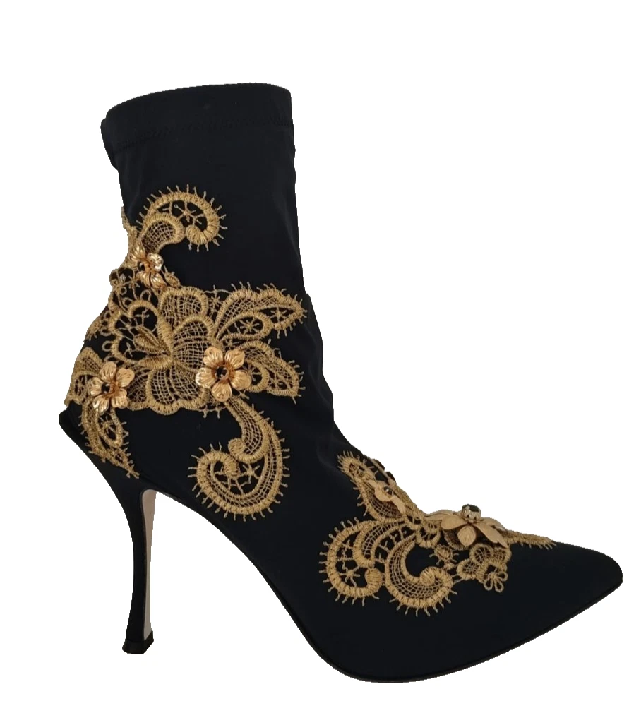 Dolce & Gabbana Black Gold Embroidery Crystal Boots Shoes - Image 2