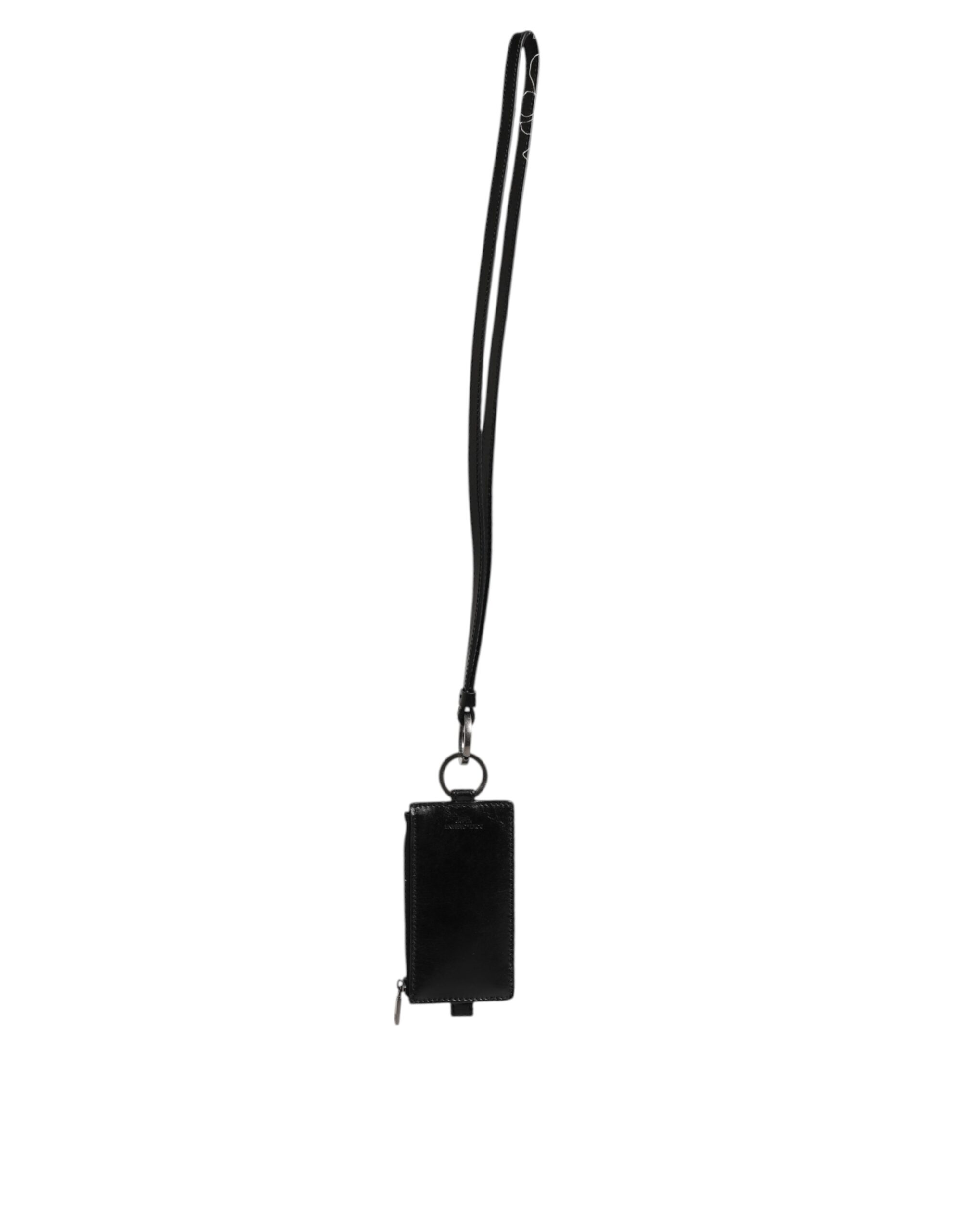 Dolce & Gabbana Black Leather Logo Embossed Lanyard Card Holder Wallet - Image 4