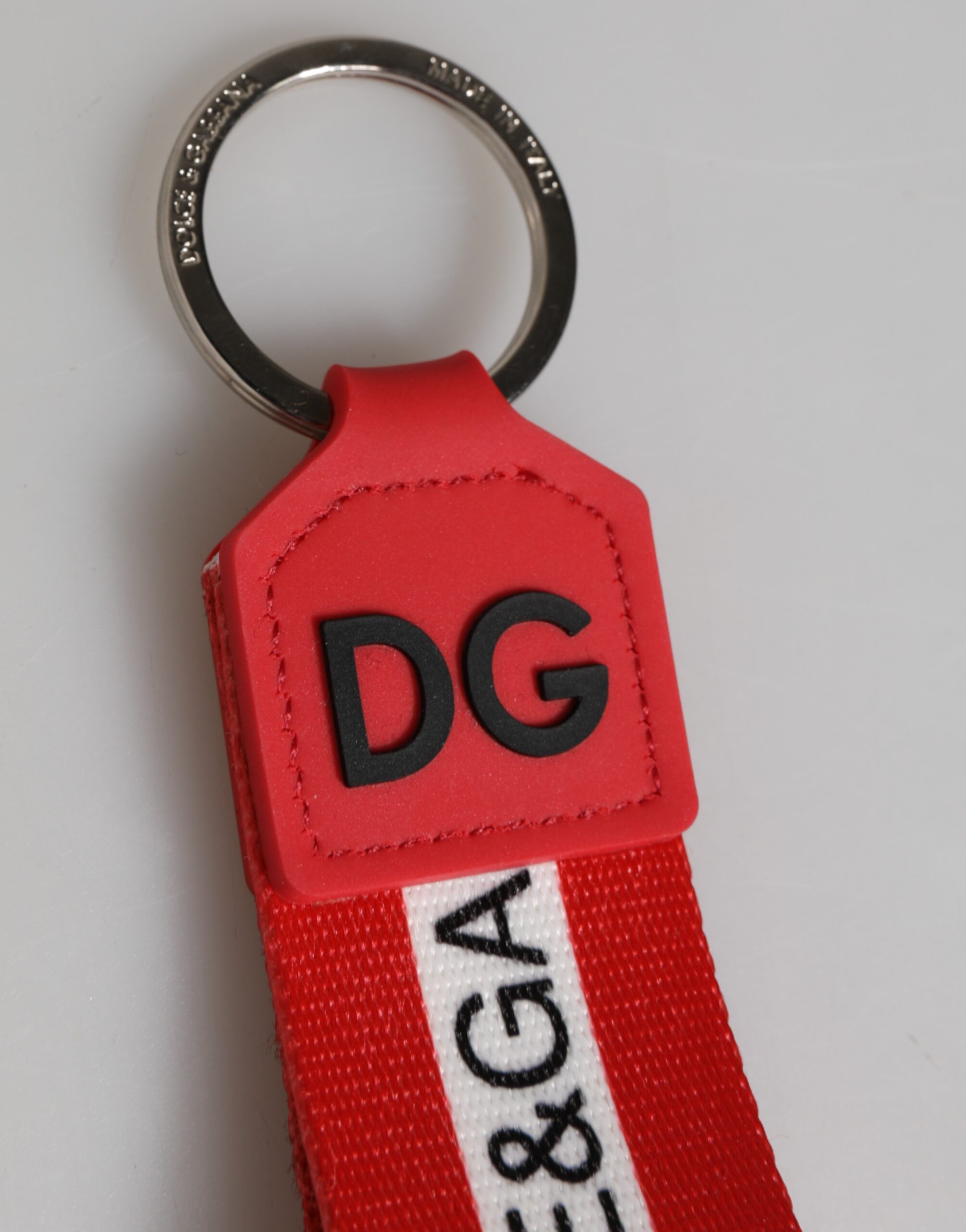 Dolce & Gabbana Red Logo Polyester Silver Brass Holder Keychain Men Keyring - Image 4