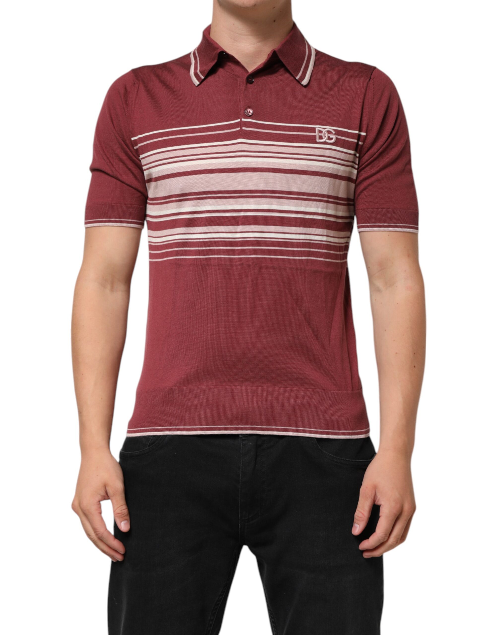 Dolce & Gabbana Cotton Burgundy Striped DG Logo Polo T-shirt - Image 2