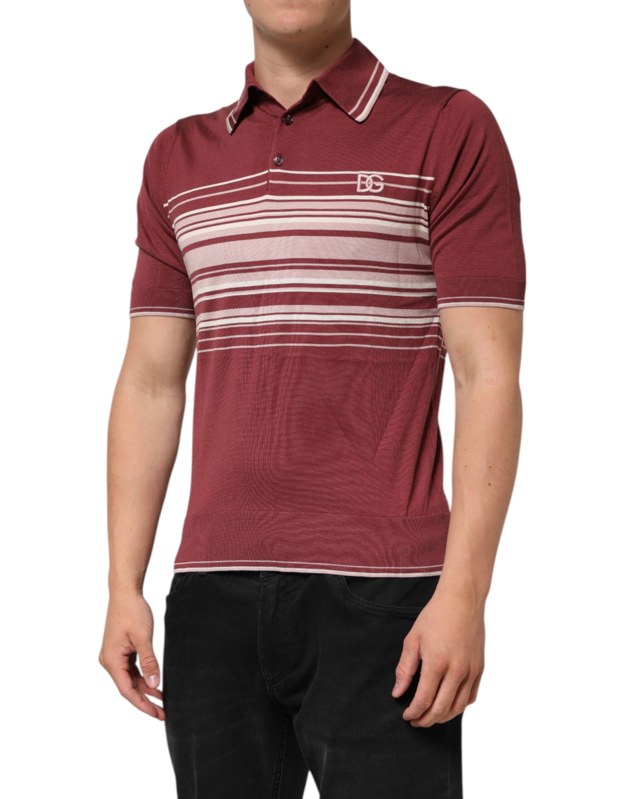 Dolce & Gabbana Cotton Burgundy Striped DG Logo Polo T-shirt - Image 3
