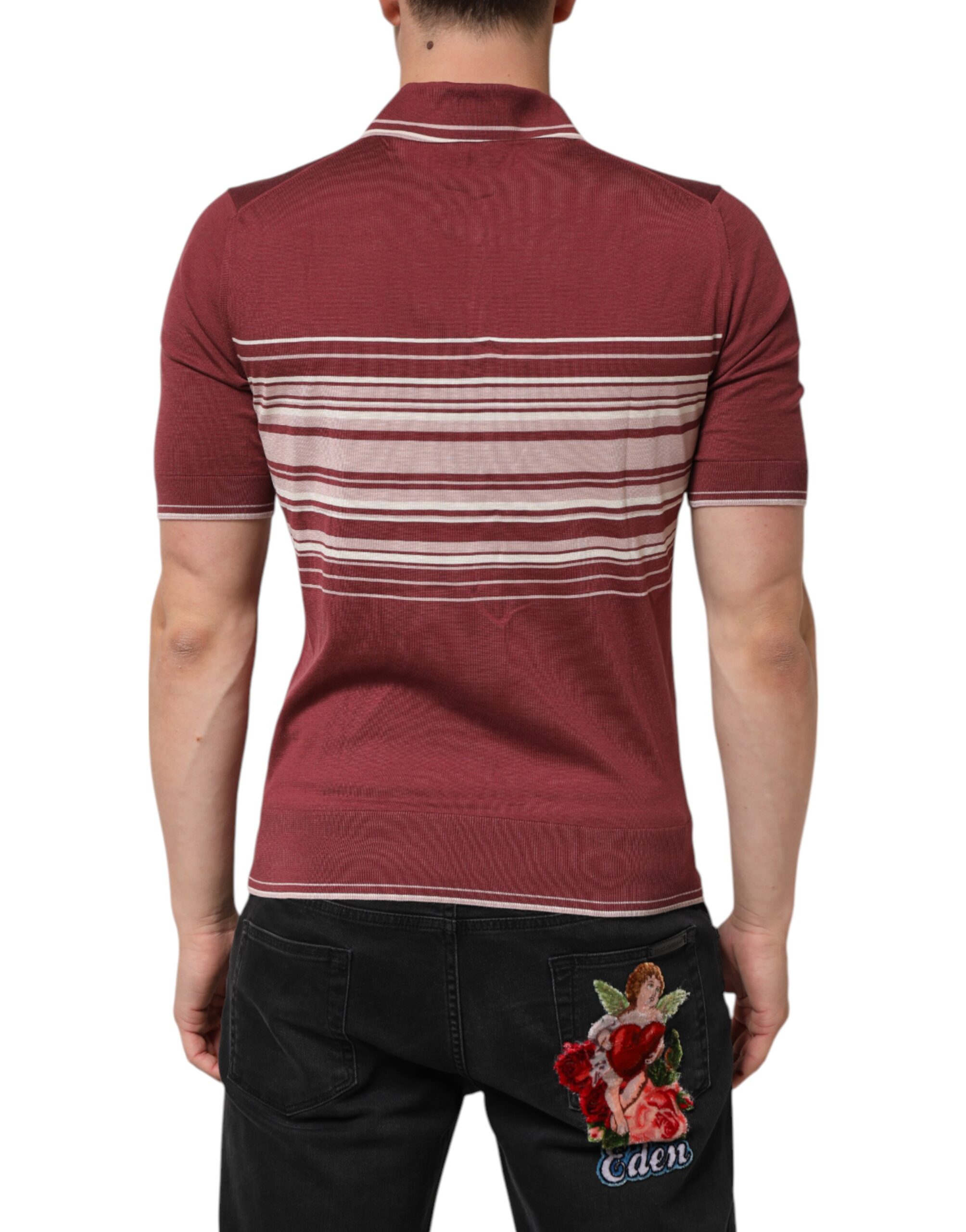 Dolce & Gabbana Cotton Burgundy Striped DG Logo Polo T-shirt - Image 4
