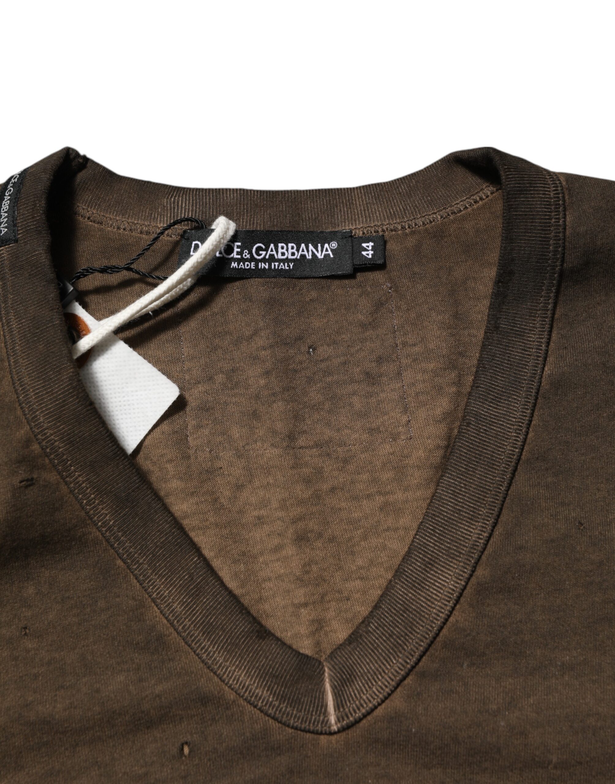 Dolce & Gabbana Dark Brown Cotton Tattered Logo Men T-shirt - Image 7