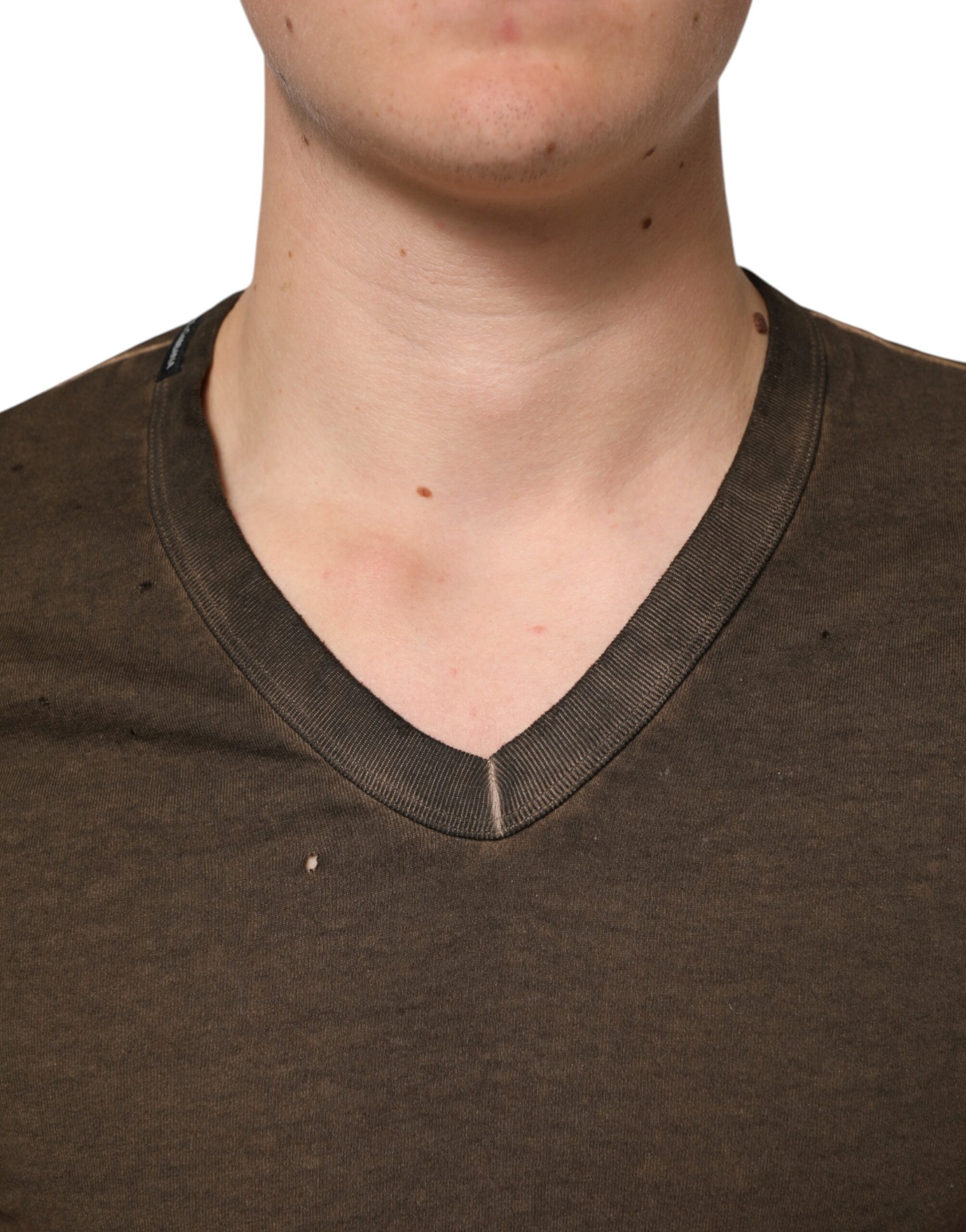 Dolce & Gabbana Dark Brown Cotton Tattered Logo Men T-shirt - Image 5