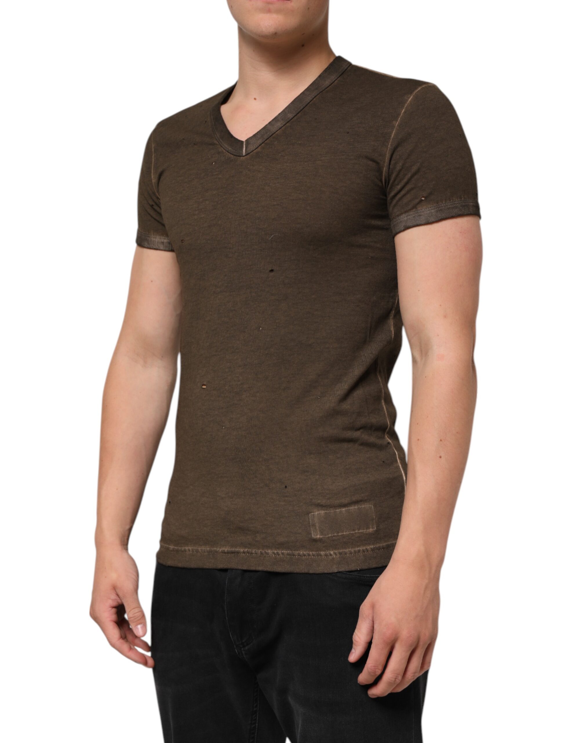 Dolce & Gabbana Dark Brown Cotton Tattered Logo Men T-shirt - Image 4