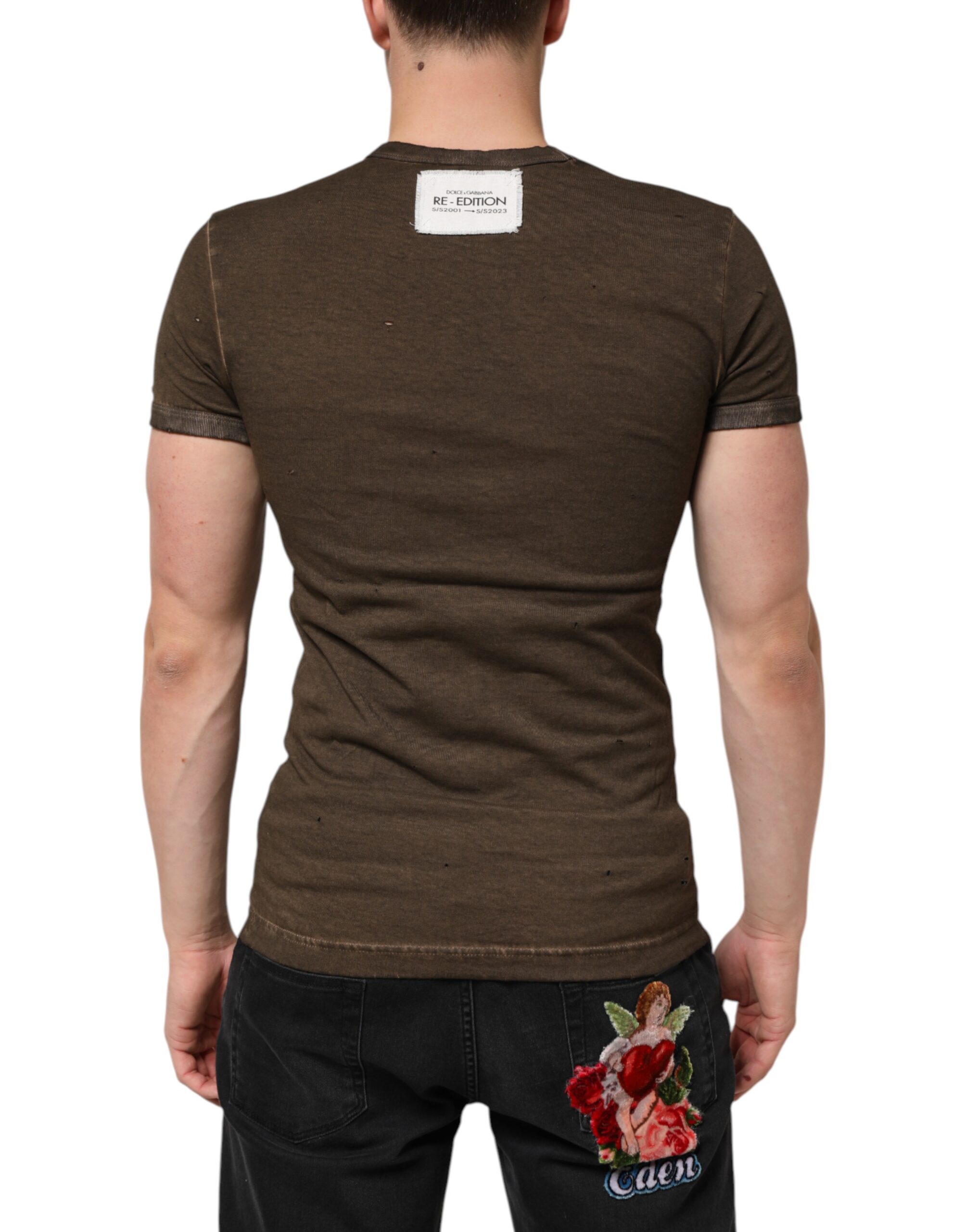 Dolce & Gabbana Dark Brown Cotton Tattered Logo Men T-shirt - Image 3