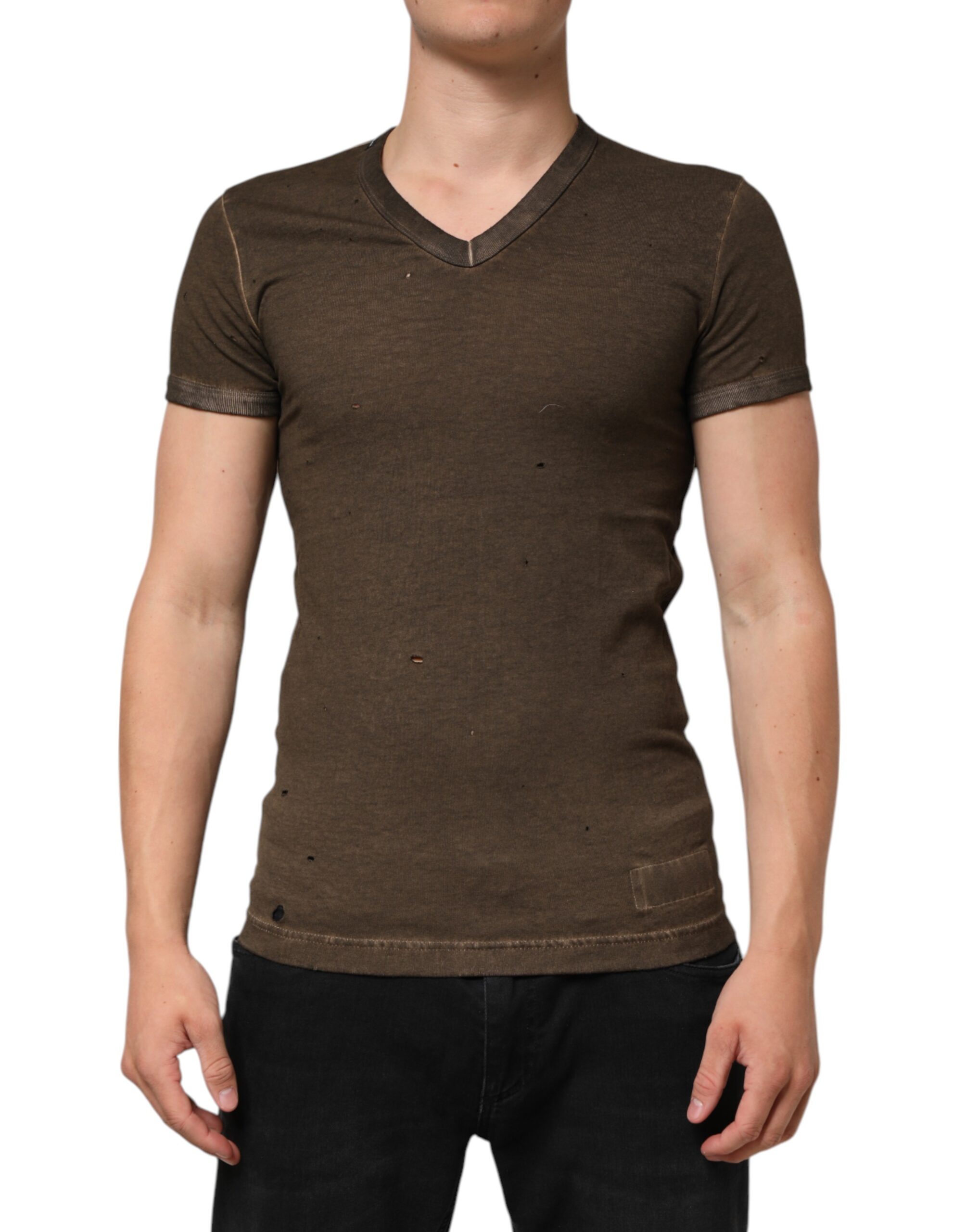 Dolce & Gabbana Dark Brown Cotton Tattered Logo Men T-shirt - Image 2
