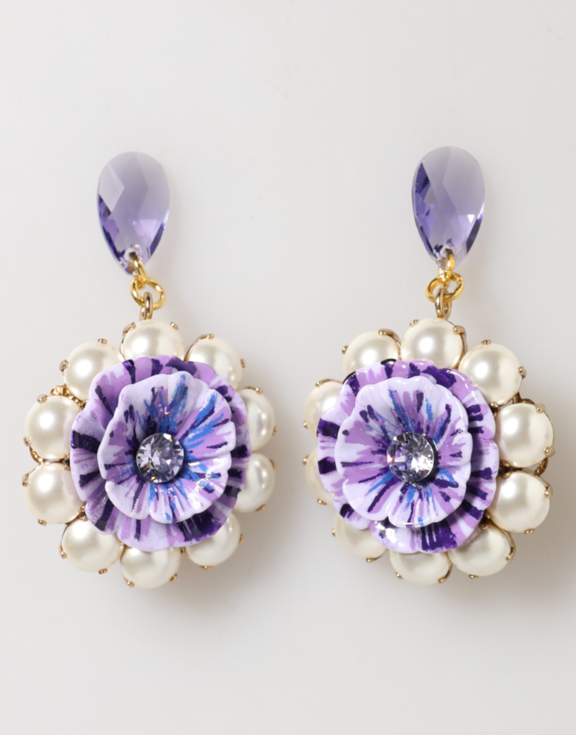 Dolce & Gabbana Purple Floral Crystal Pearl Drop Clip-On Statement Earrings - Image 2
