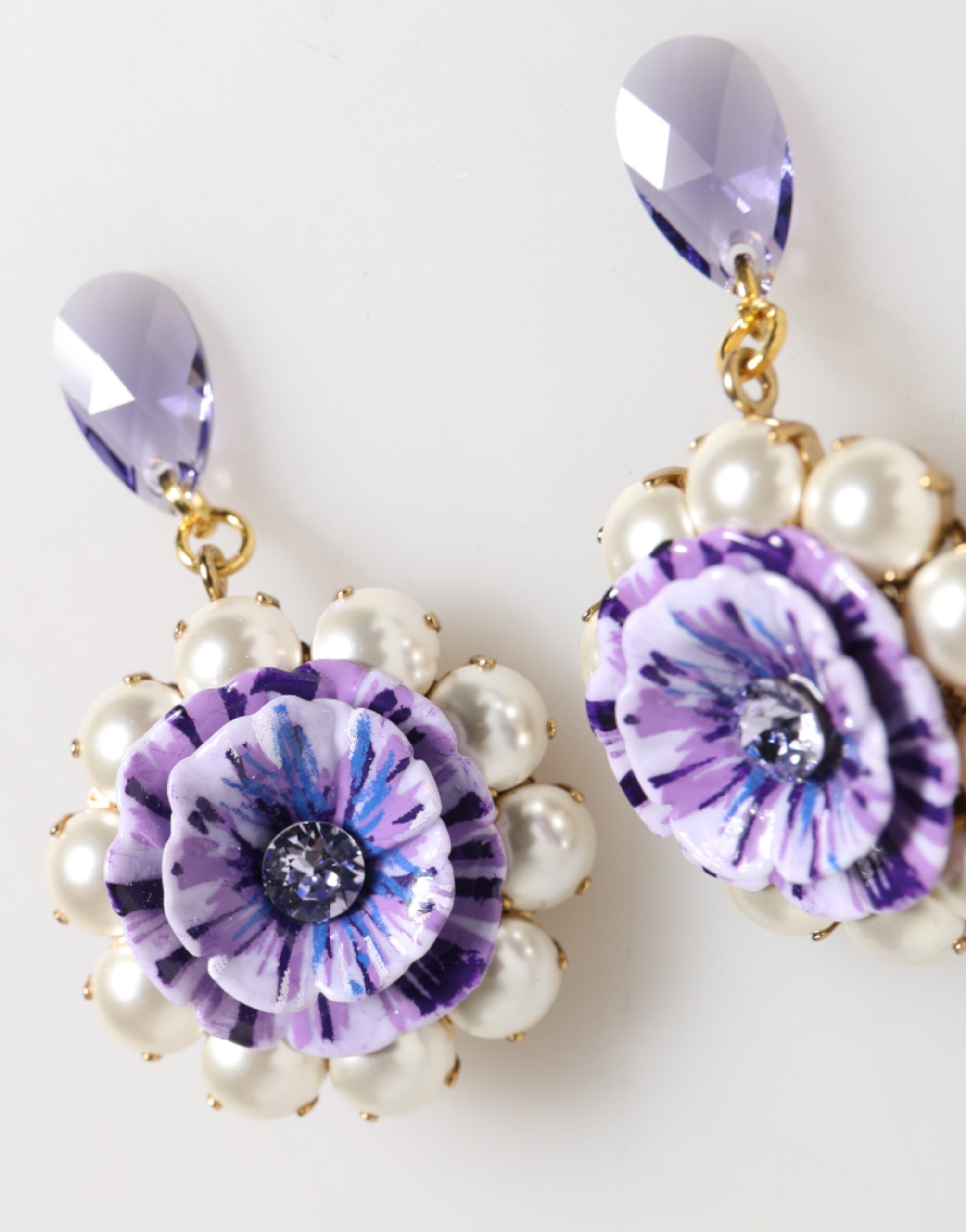 Dolce & Gabbana Purple Floral Crystal Pearl Drop Clip-On Statement Earrings - Image 3