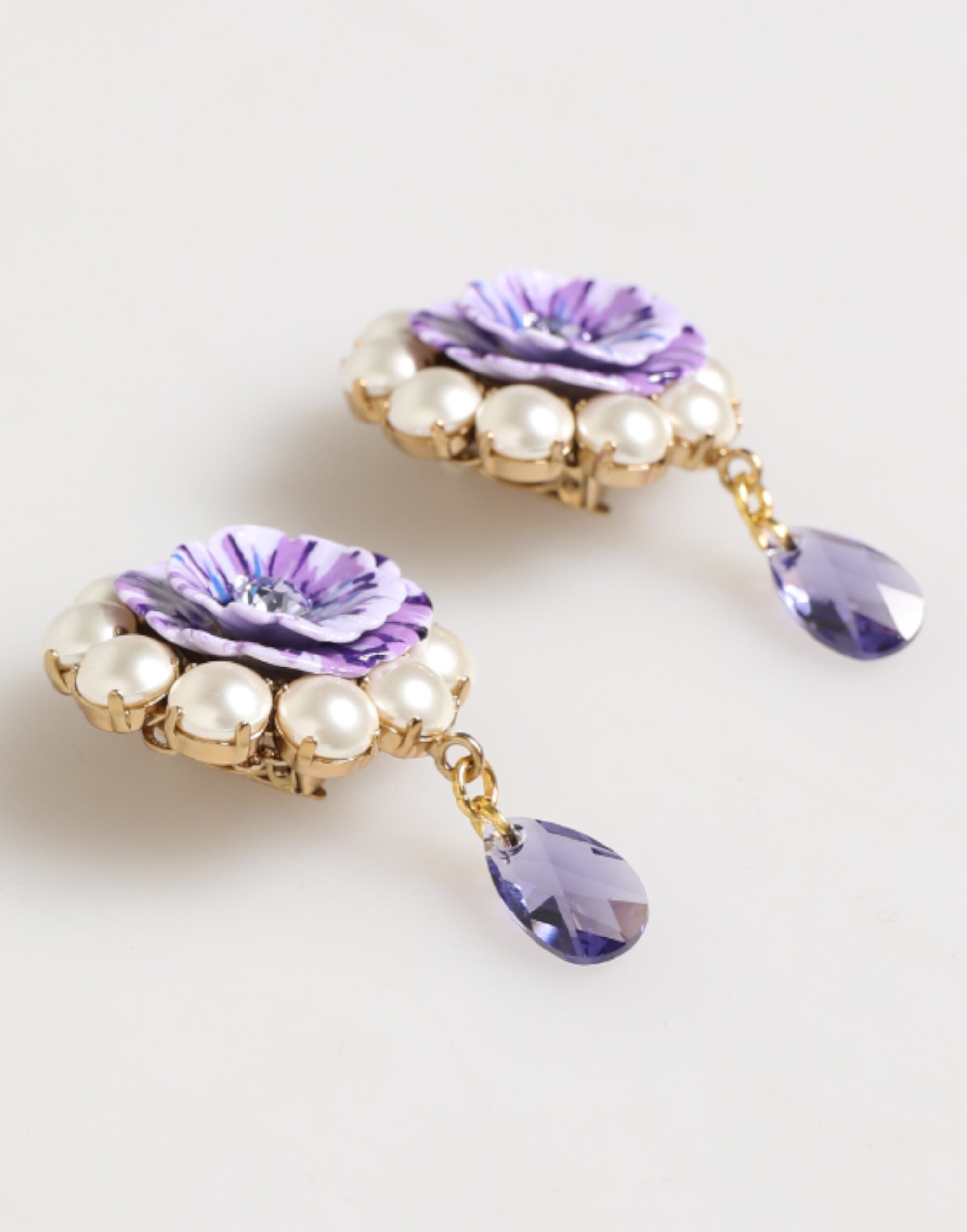 Dolce & Gabbana Purple Floral Crystal Pearl Drop Clip-On Statement Earrings - Image 4