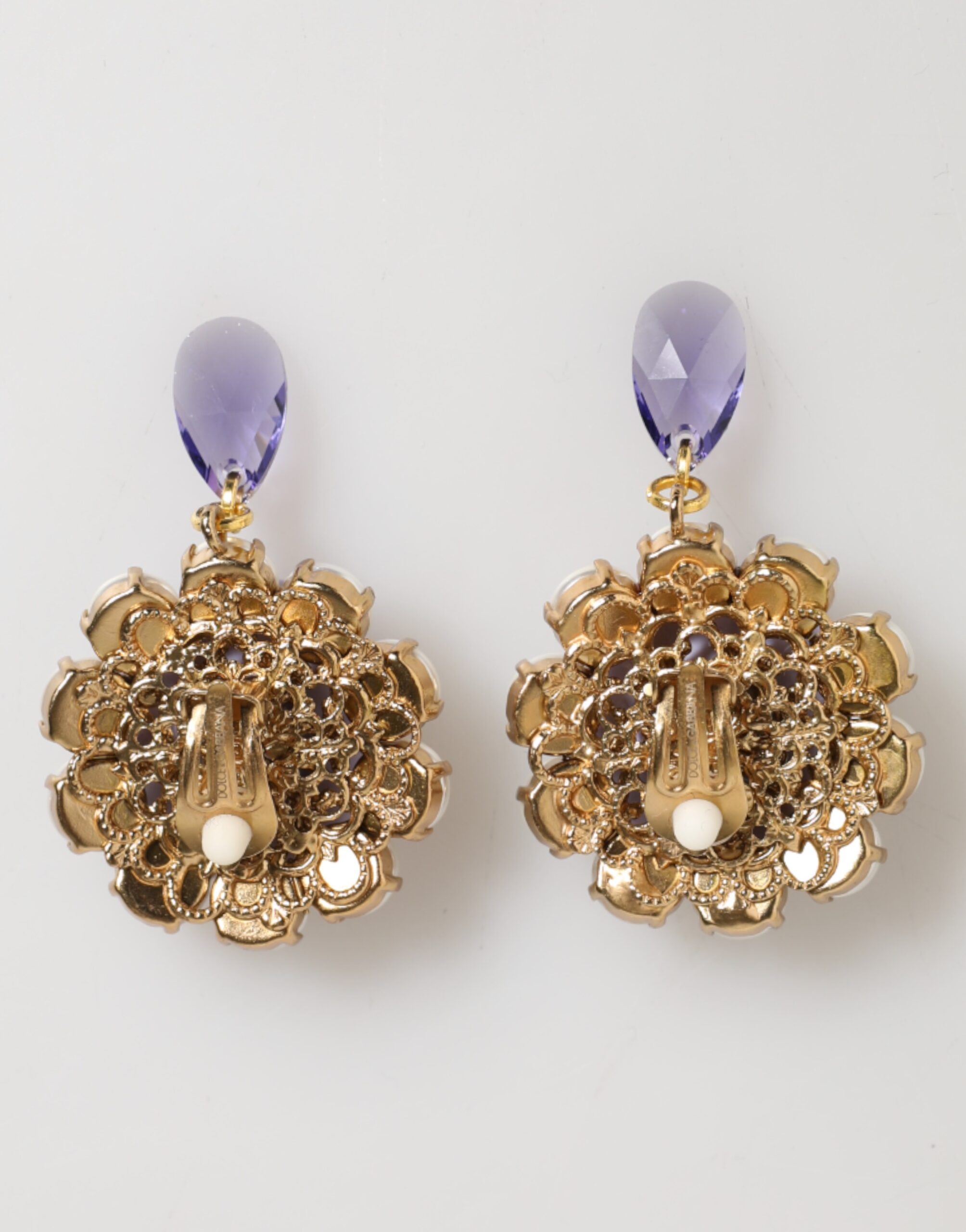 Dolce & Gabbana Purple Floral Crystal Pearl Drop Clip-On Statement Earrings - Image 5