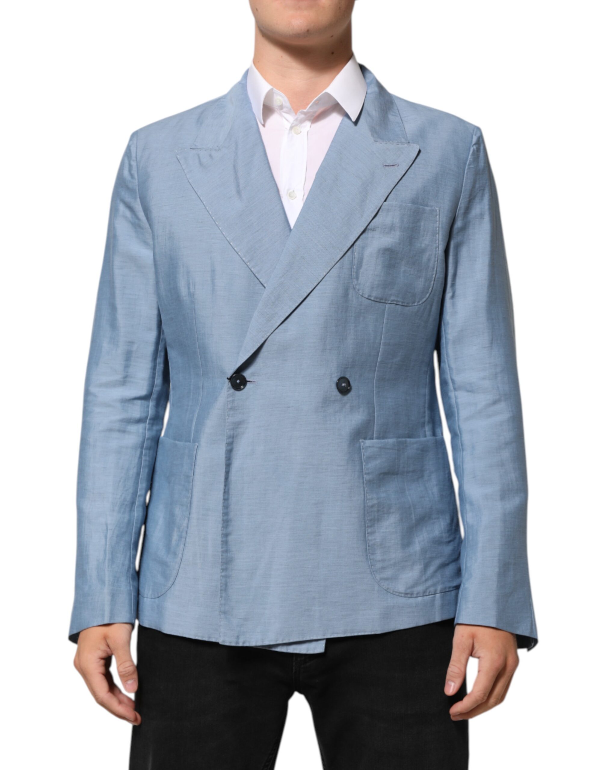 Dolce & Gabbana Light Blue Linen Double Breasted Men Jacket Blazer - Image 2