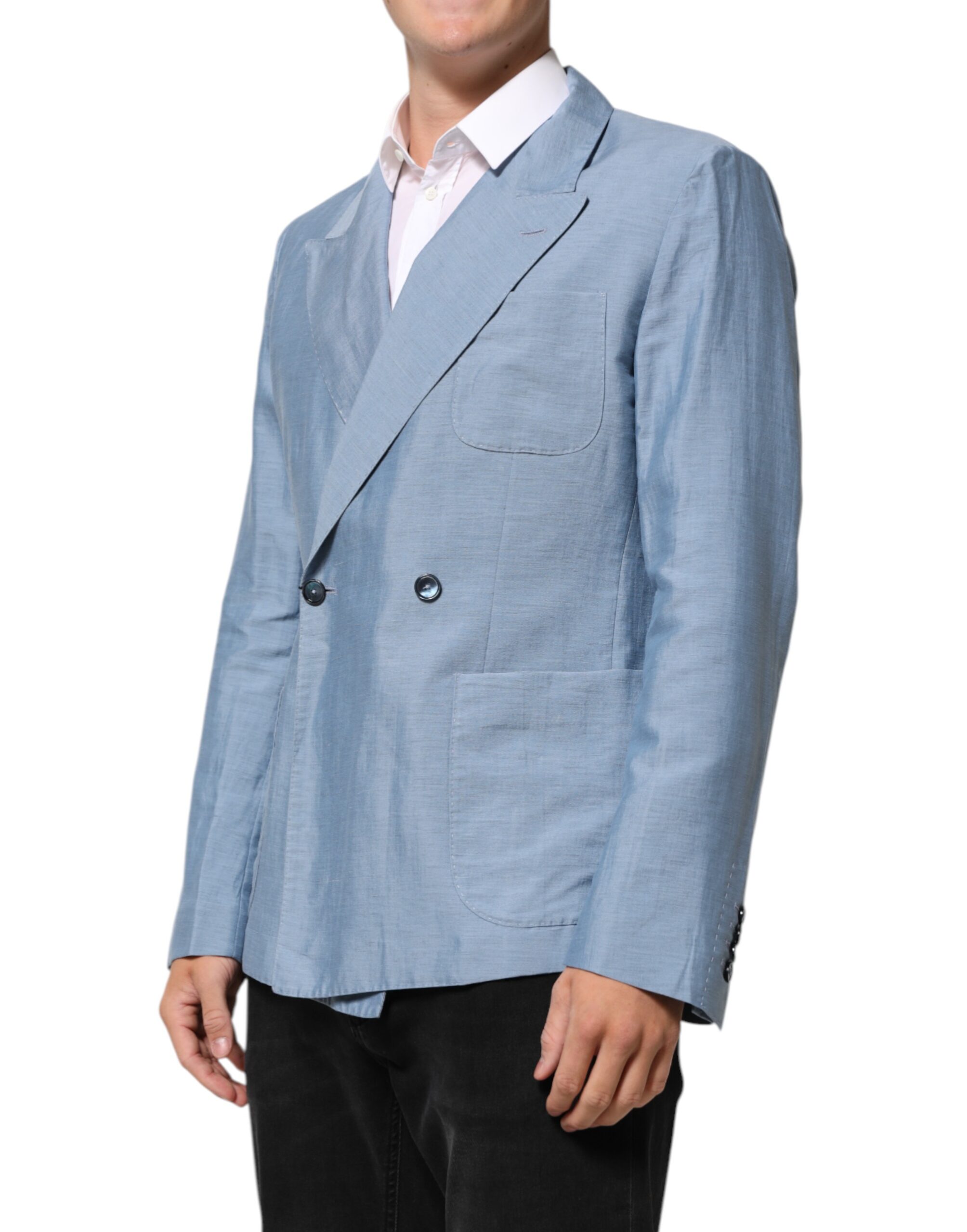 Dolce & Gabbana Light Blue Linen Double Breasted Men Jacket Blazer - Image 3