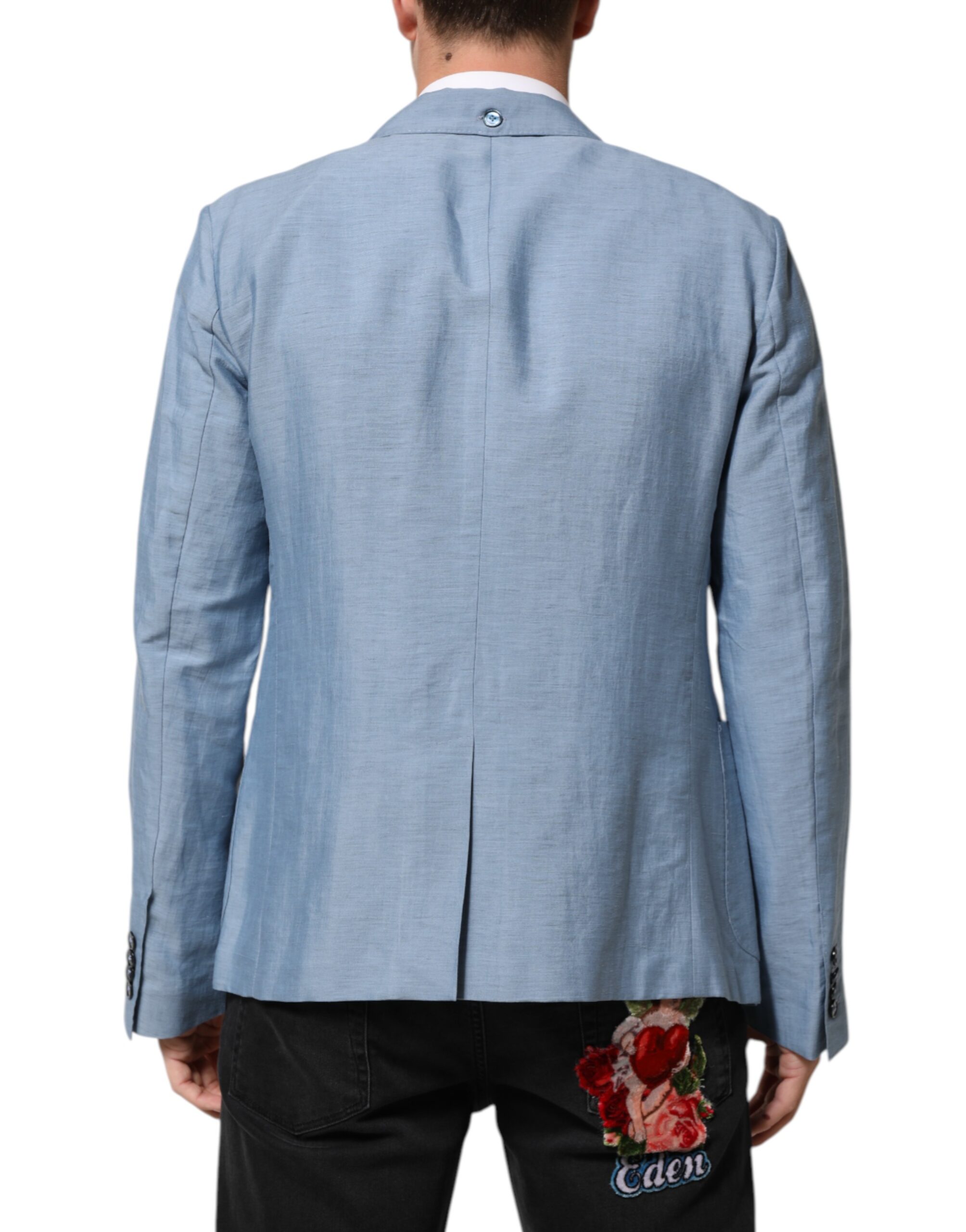 Dolce & Gabbana Light Blue Linen Double Breasted Men Jacket Blazer - Image 4