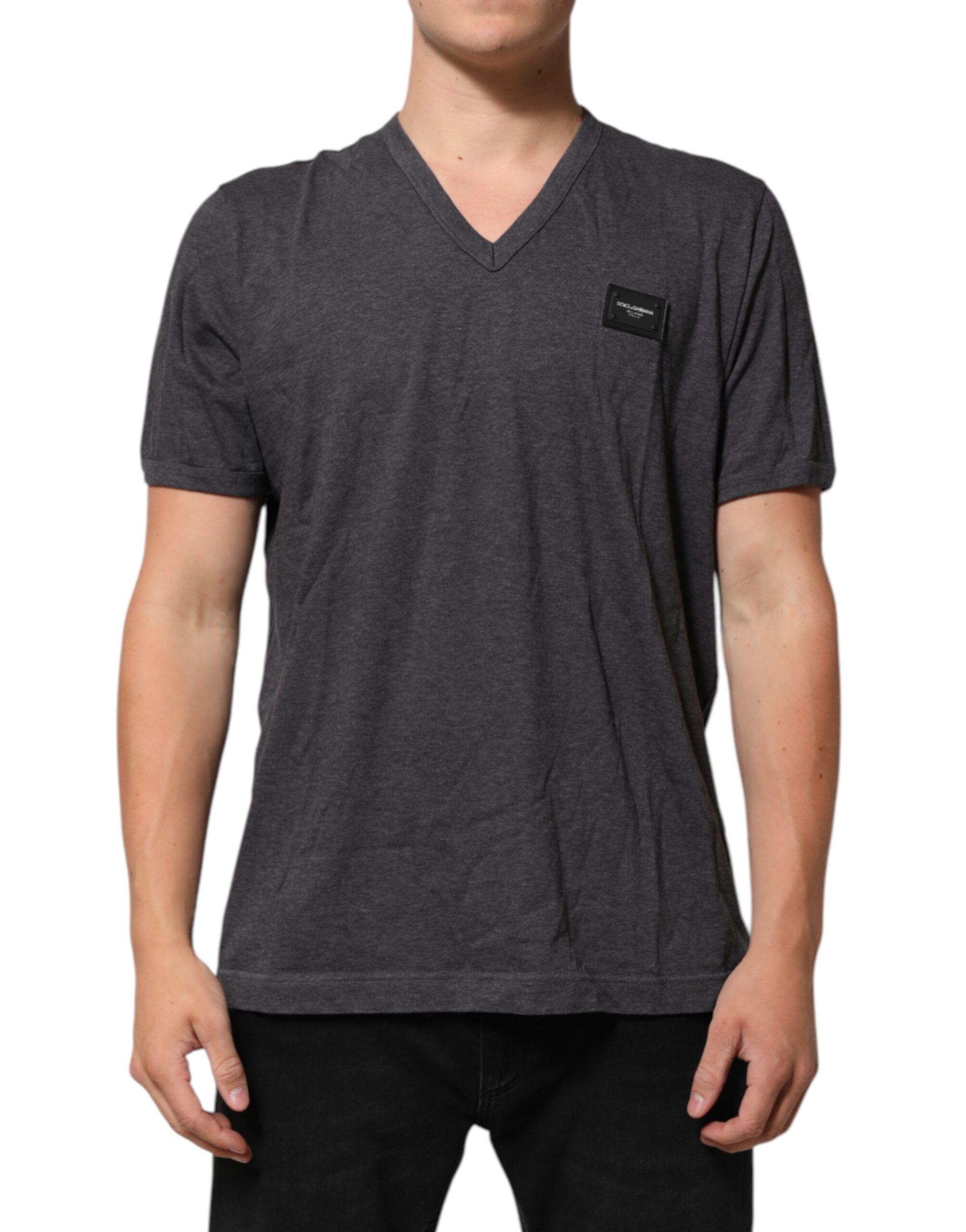 Dolce & Gabbana Grey Cotton V-Neck Logo Plaque Melange T-Shirt - Image 2