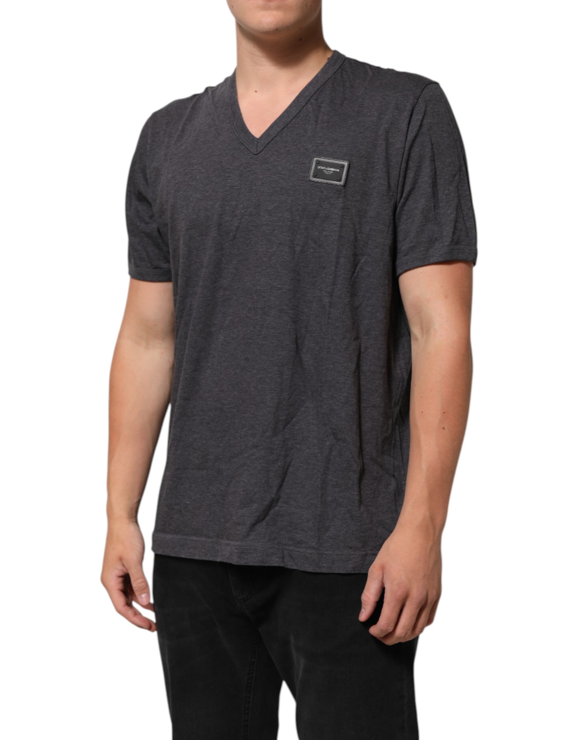 Dolce & Gabbana Grey Cotton V-Neck Logo Plaque Melange T-Shirt - Image 3