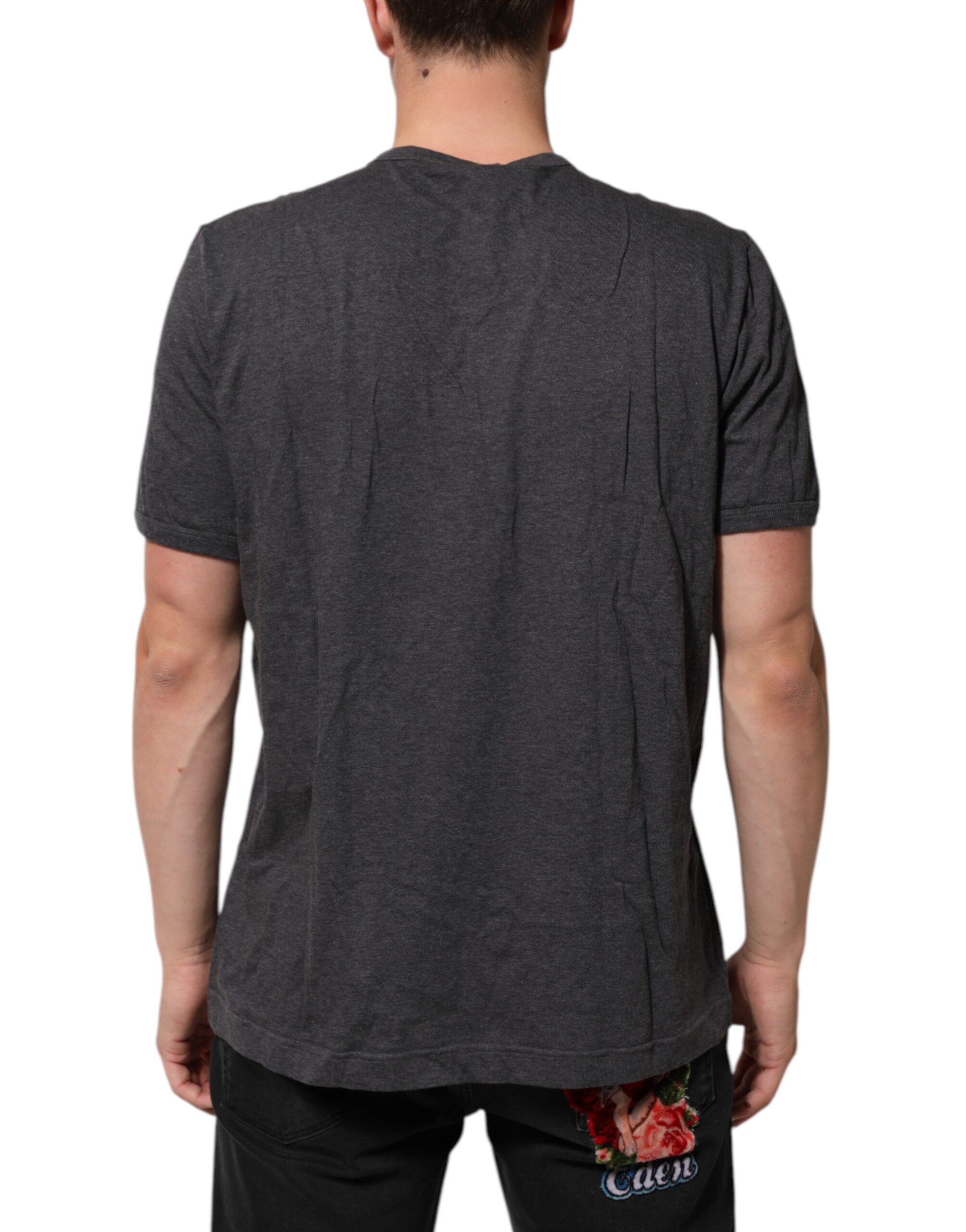 Dolce & Gabbana Grey Cotton V-Neck Logo Plaque Melange T-Shirt - Image 4