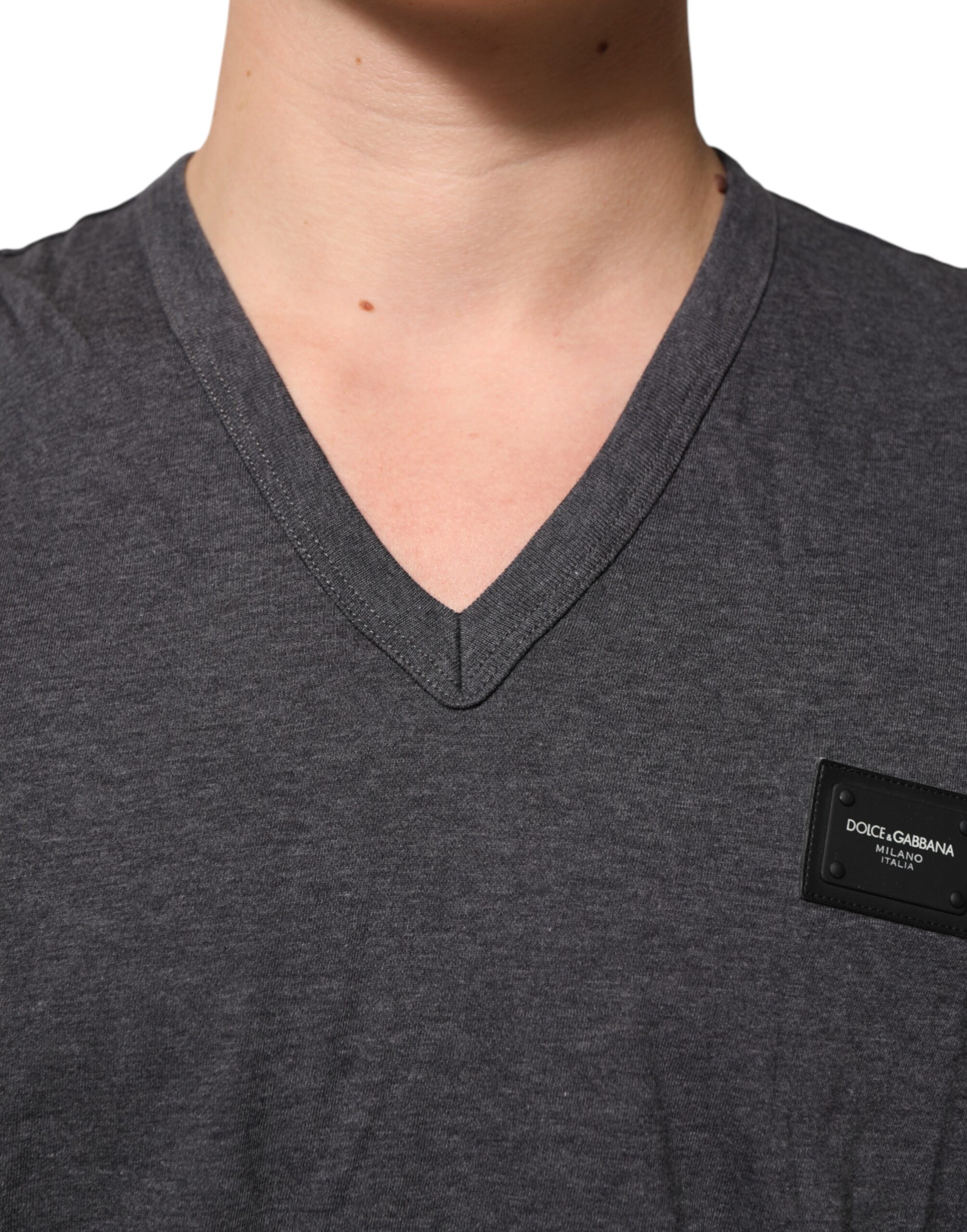 Dolce & Gabbana Grey Cotton V-Neck Logo Plaque Melange T-Shirt - Image 5