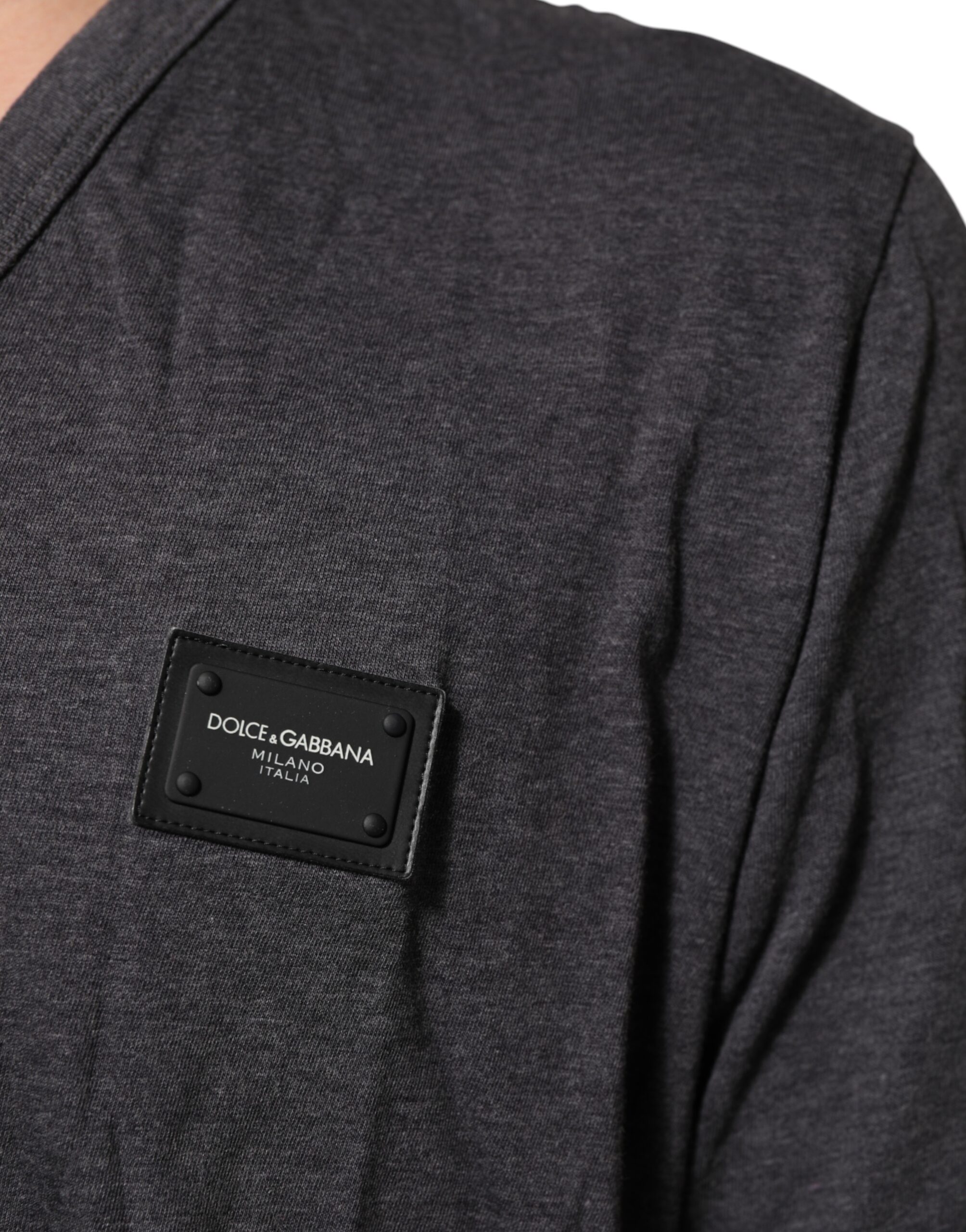 Dolce & Gabbana Grey Cotton V-Neck Logo Plaque Melange T-Shirt - Image 6