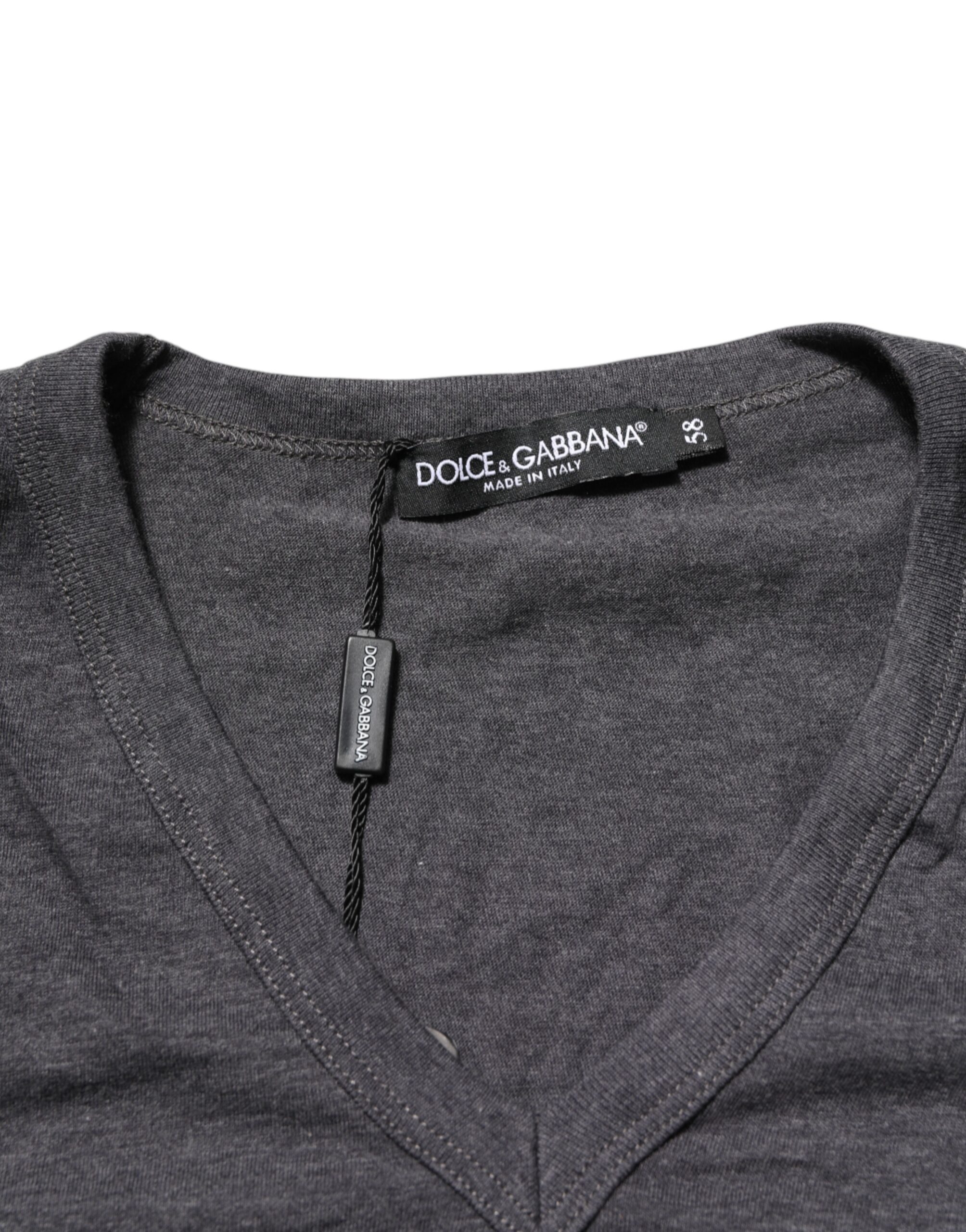 Dolce & Gabbana Grey Cotton V-Neck Logo Plaque Melange T-Shirt - Image 7