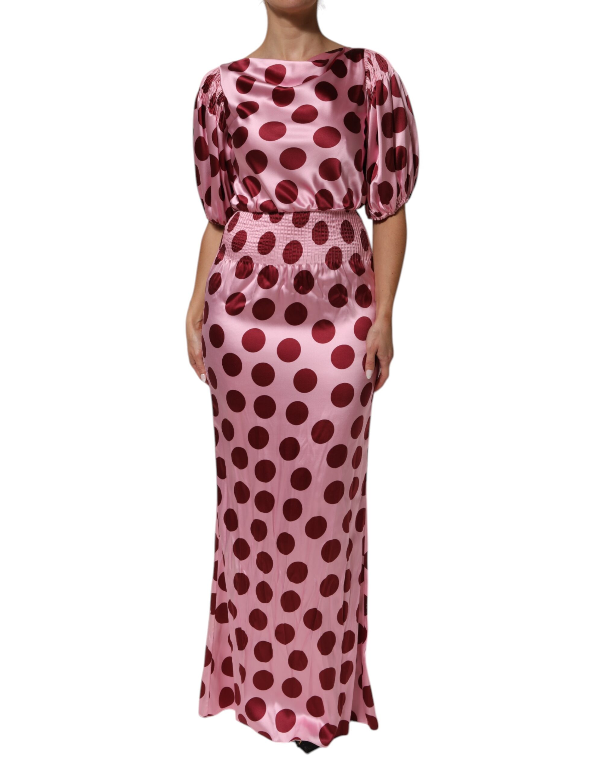Dolce & Gabbana Pink Red Polka Dot Silk Satin Maxi Gown Dress - Image 2