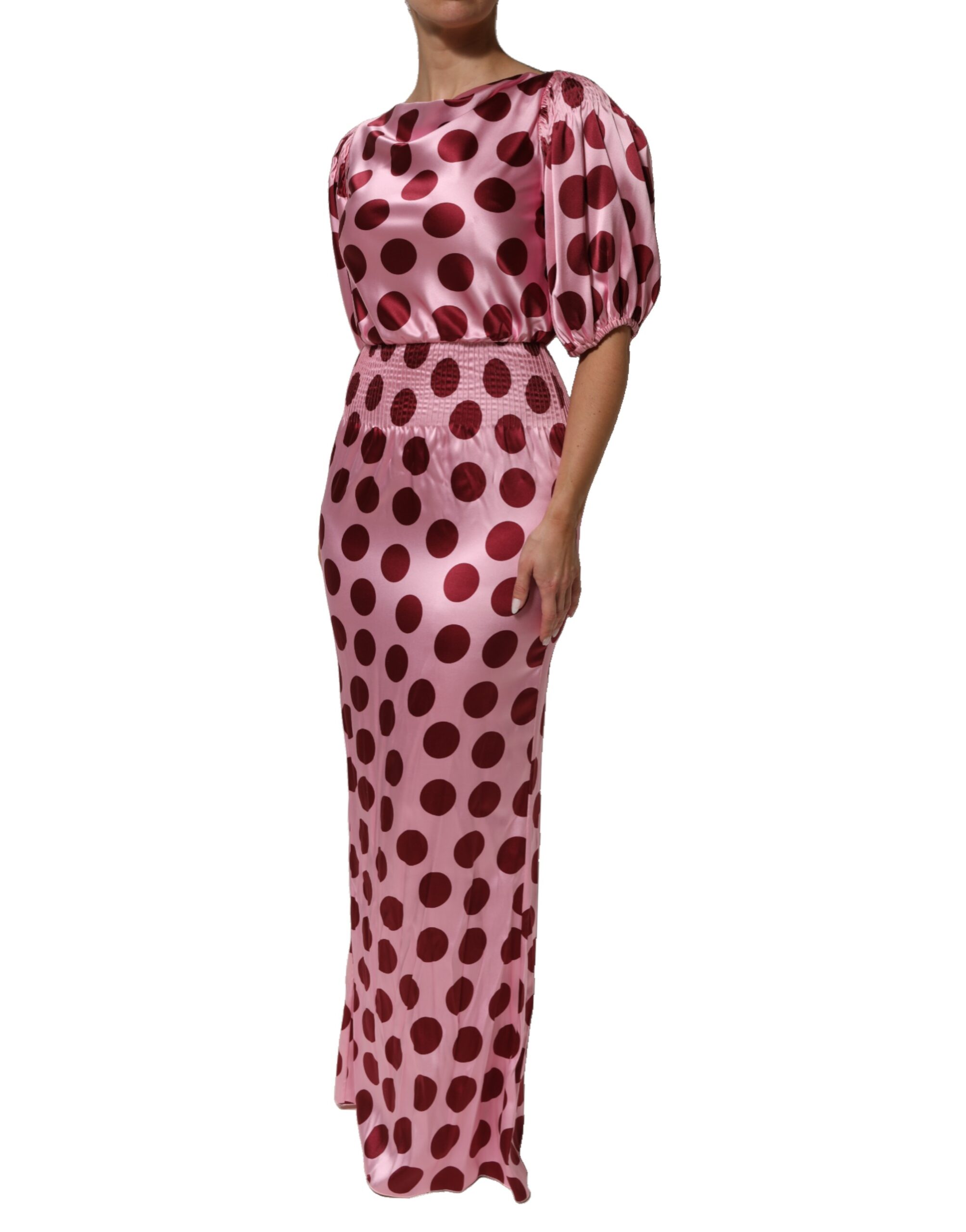 Dolce & Gabbana Pink Red Polka Dot Silk Satin Maxi Gown Dress - Image 3