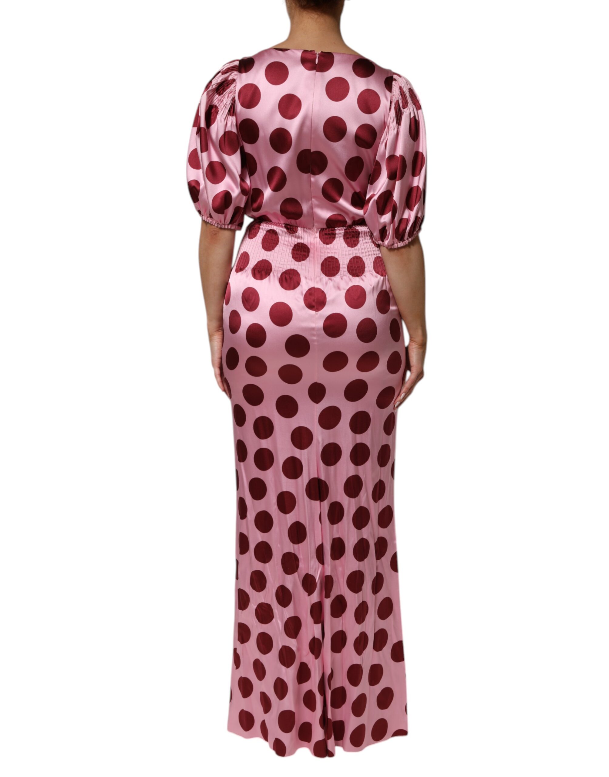 Dolce & Gabbana Pink Red Polka Dot Silk Satin Maxi Gown Dress - Image 4