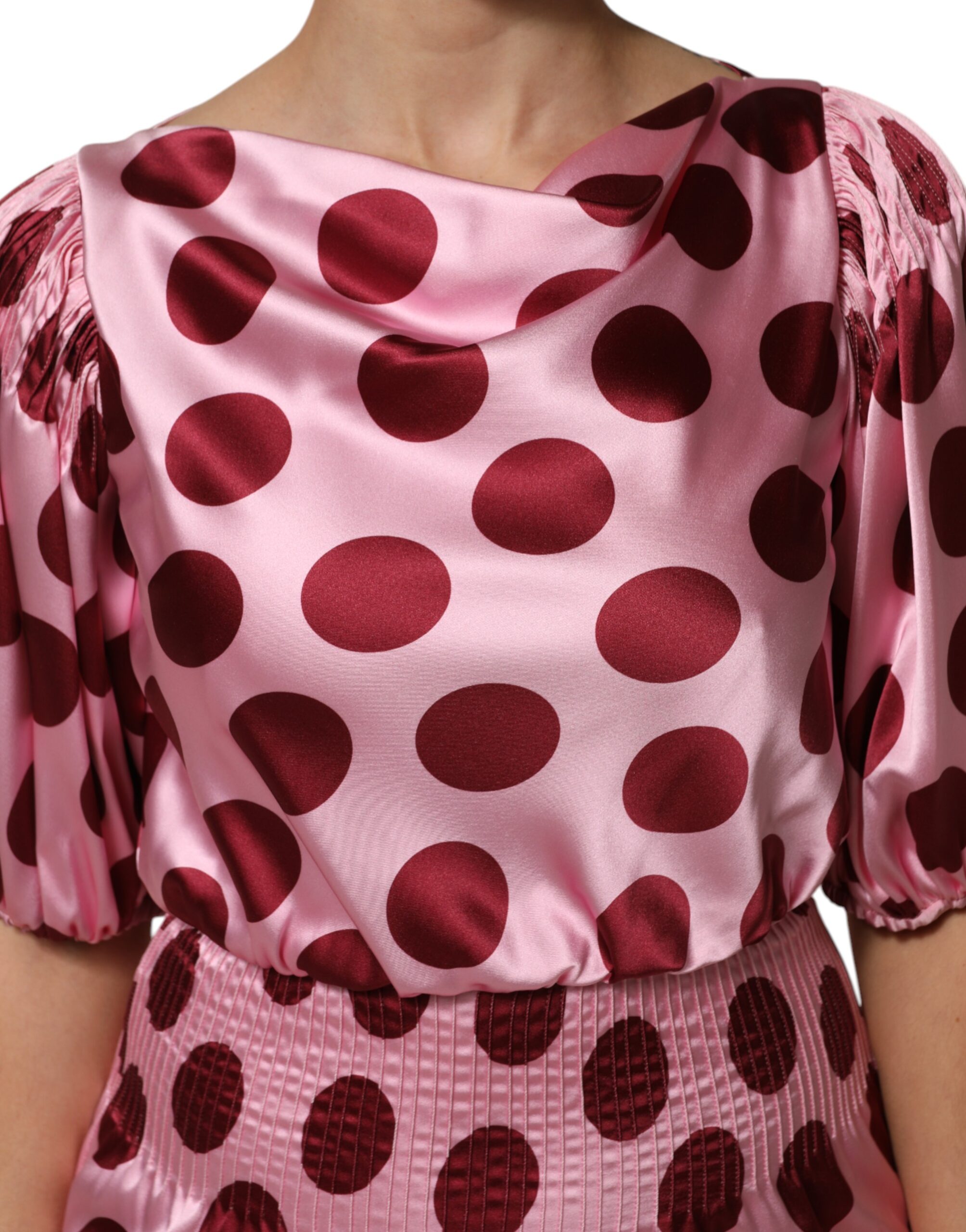 Dolce & Gabbana Pink Red Polka Dot Silk Satin Maxi Gown Dress - Image 5