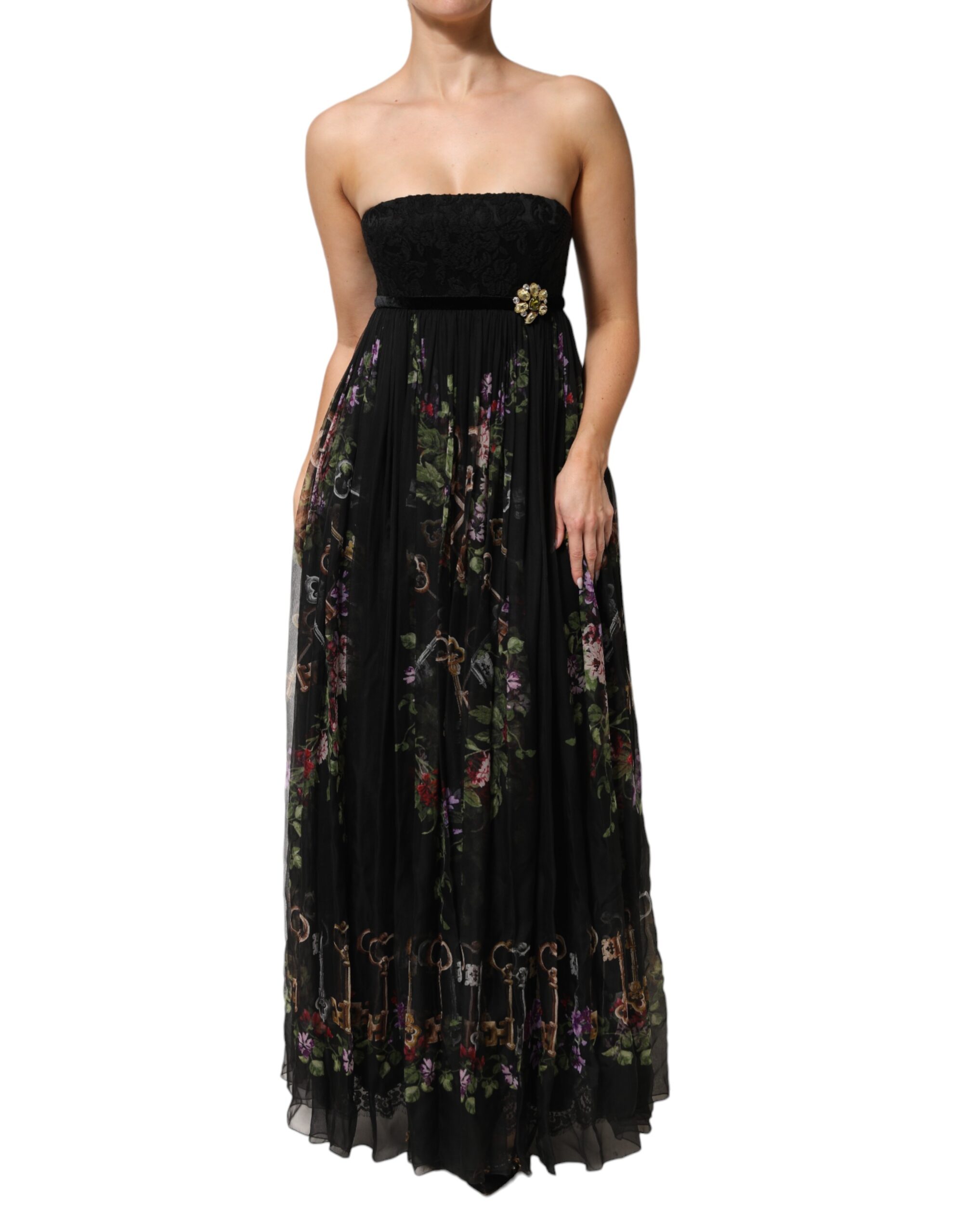 Dolce & Gabbana Black Floral Key Print Crystal Strapless Dress - Image 2