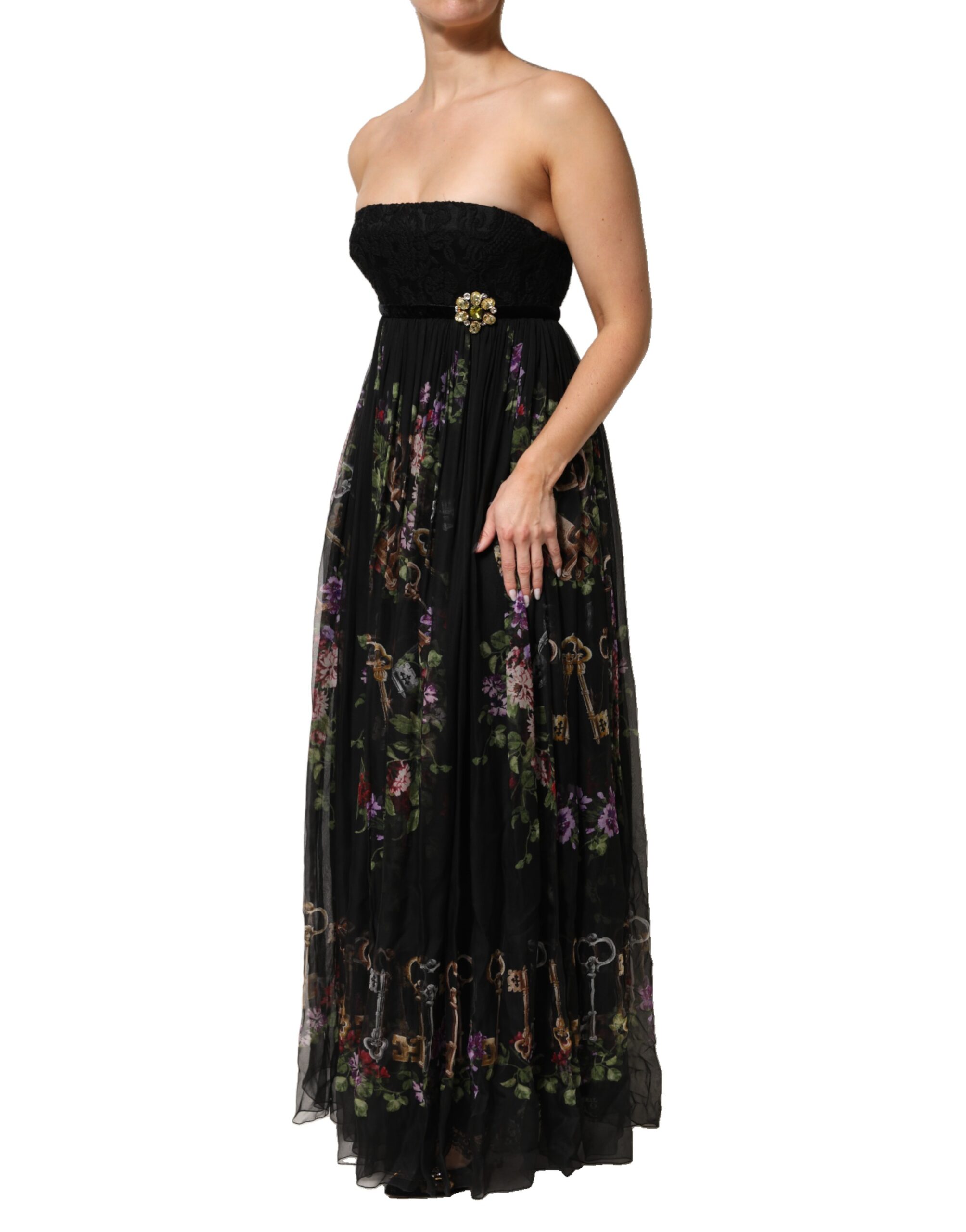 Dolce & Gabbana Black Floral Key Print Crystal Strapless Dress - Image 3