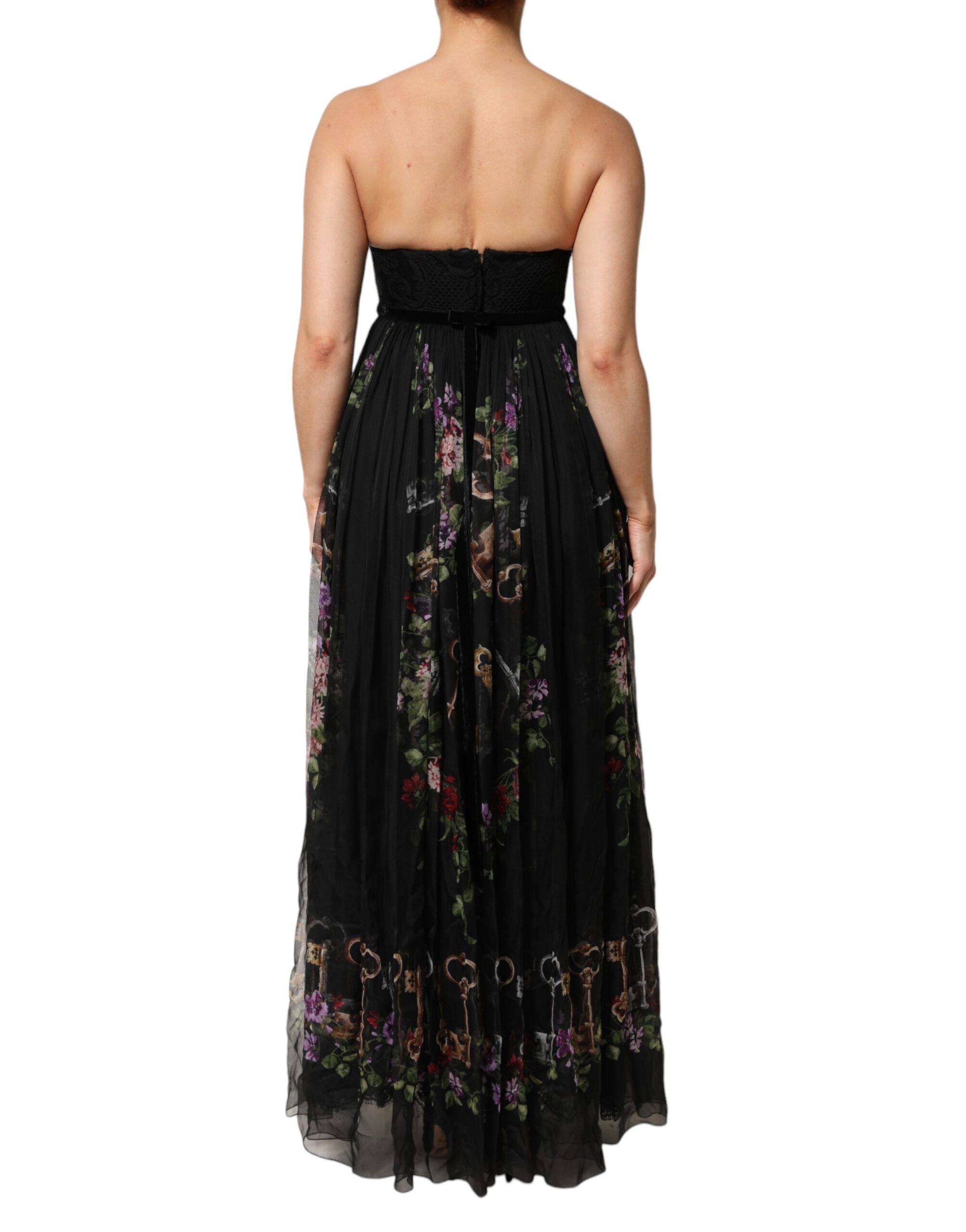 Dolce & Gabbana Black Floral Key Print Crystal Strapless Dress - Image 4