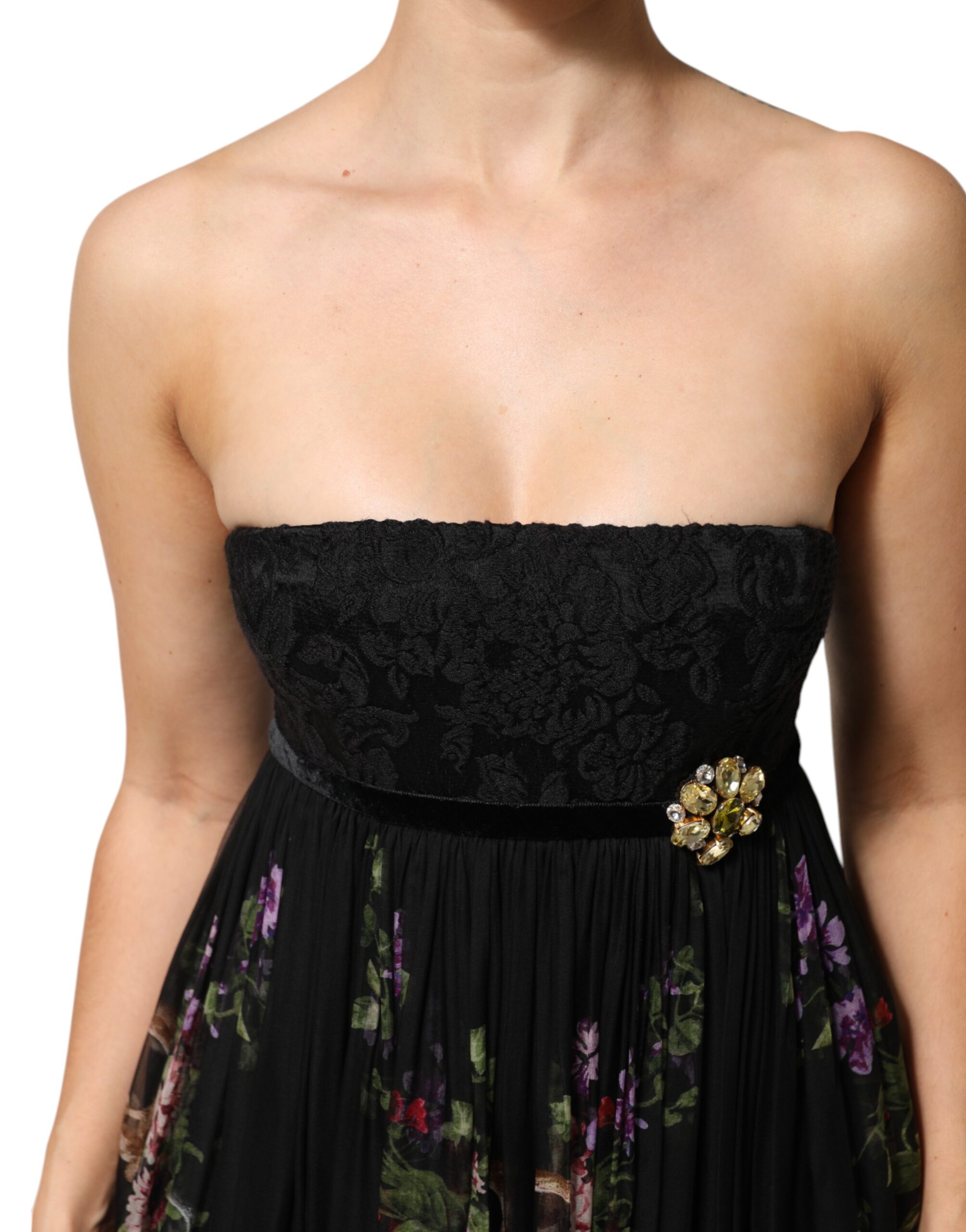 Dolce & Gabbana Black Floral Key Print Crystal Strapless Dress - Image 5
