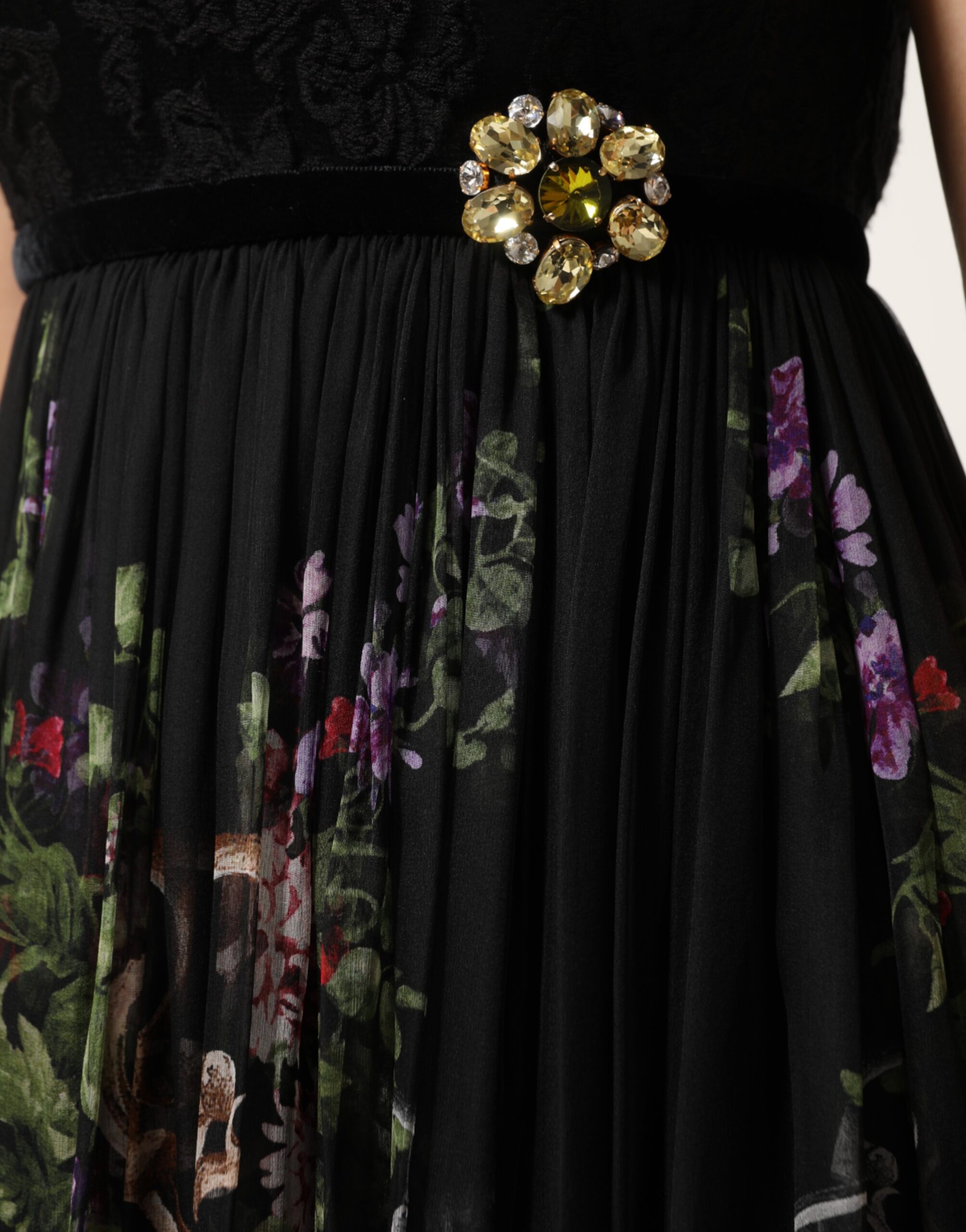 Dolce & Gabbana Black Floral Key Print Crystal Strapless Dress - Image 6