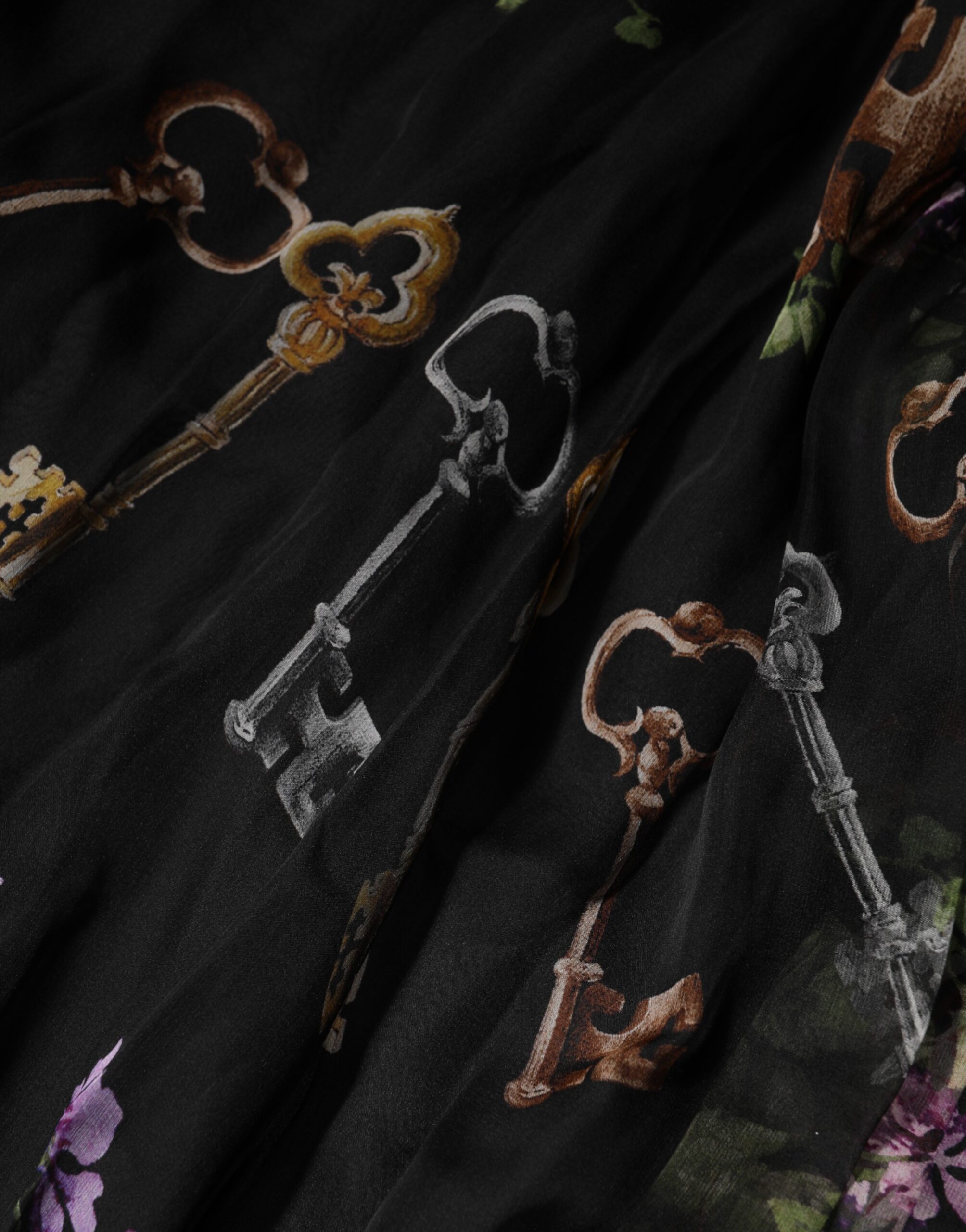 Dolce & Gabbana Black Floral Key Print Crystal Strapless Dress - Image 7