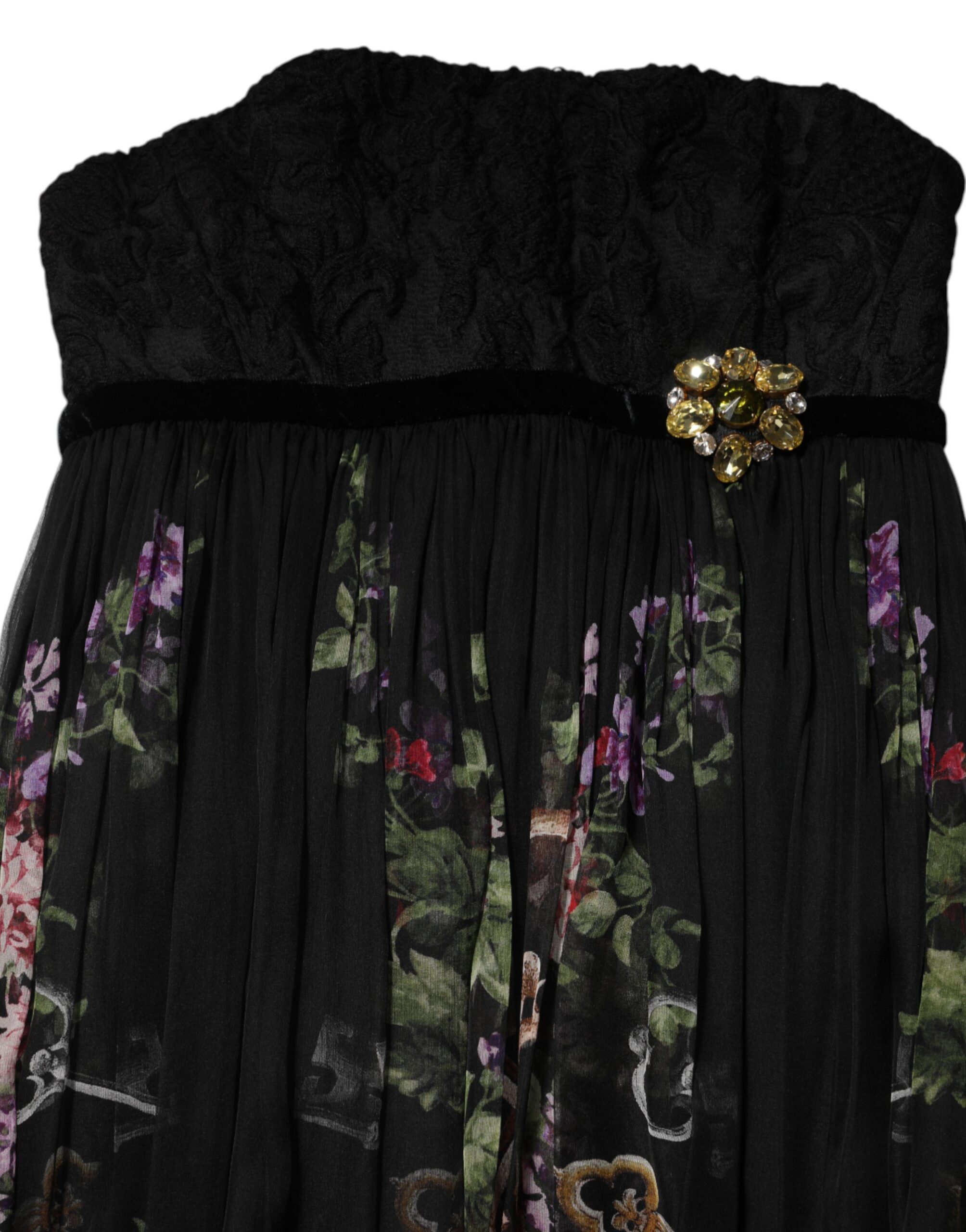 Dolce & Gabbana Black Floral Key Print Crystal Strapless Dress - Image 8