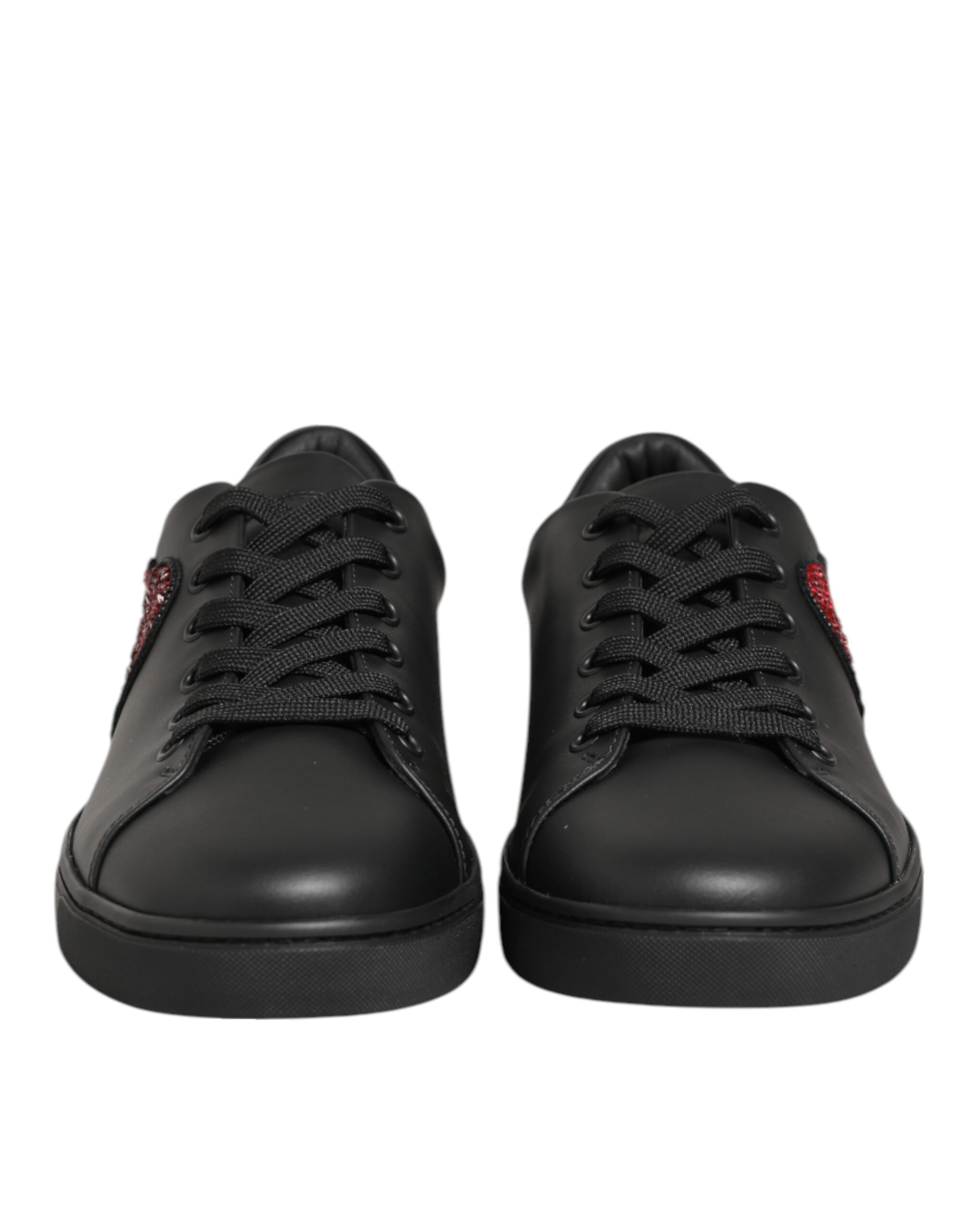 Dolce & Gabbana Black Leather Crystal Heart Sneakers Shoes - Image 3