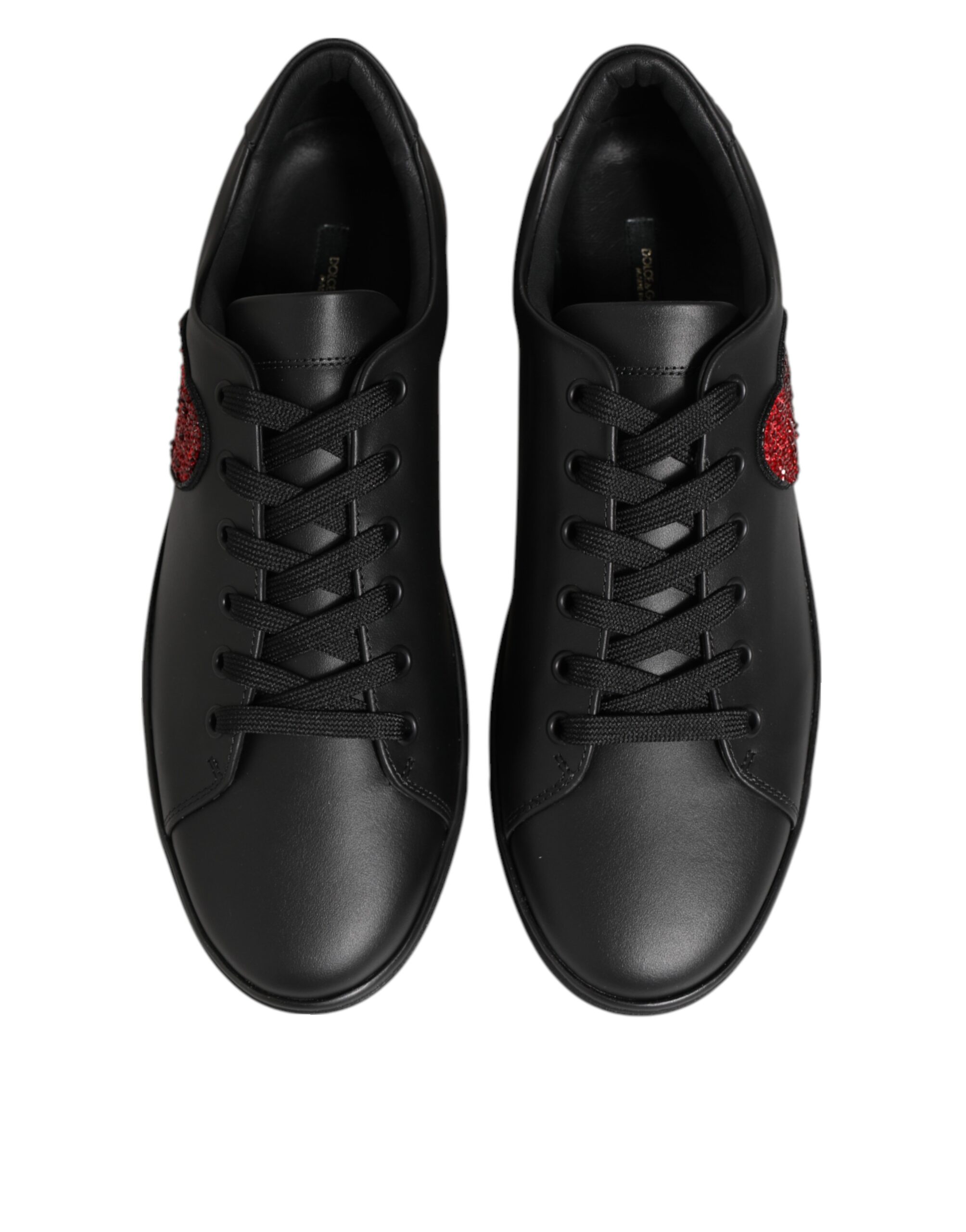 Dolce & Gabbana Black Leather Crystal Heart Sneakers Shoes - Image 4