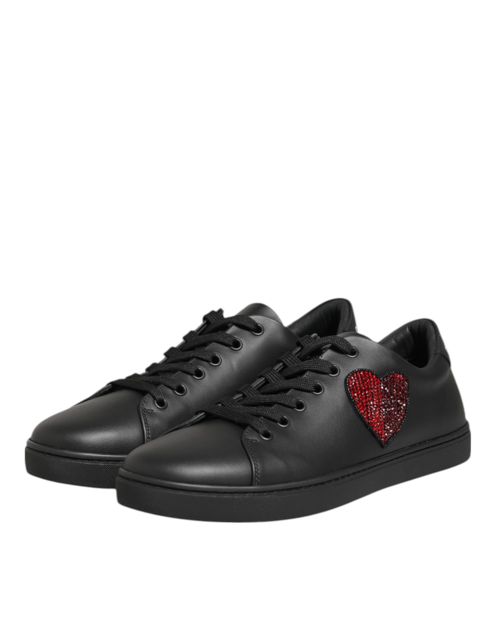 Dolce & Gabbana Black Leather Crystal Heart Sneakers Shoes - Image 5