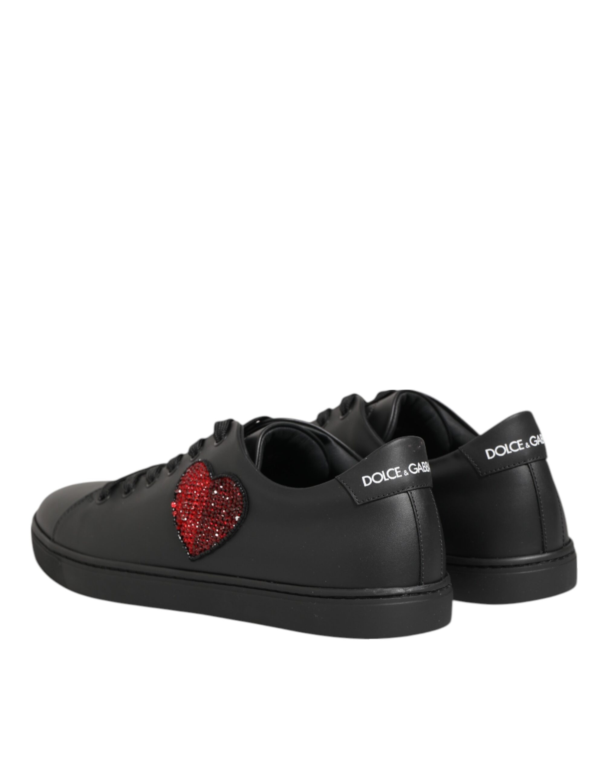 Dolce & Gabbana Black Leather Crystal Heart Sneakers Shoes - Image 6
