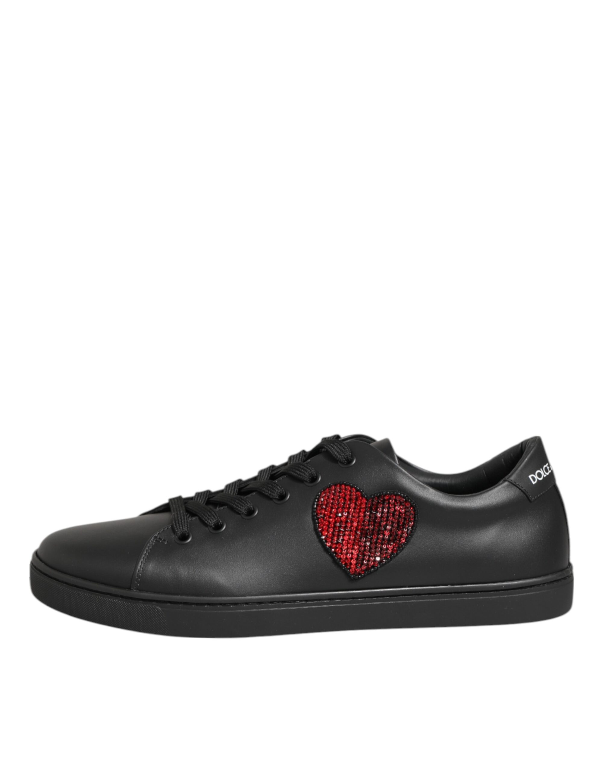 Dolce & Gabbana Black Leather Crystal Heart Sneakers Shoes - Image 2