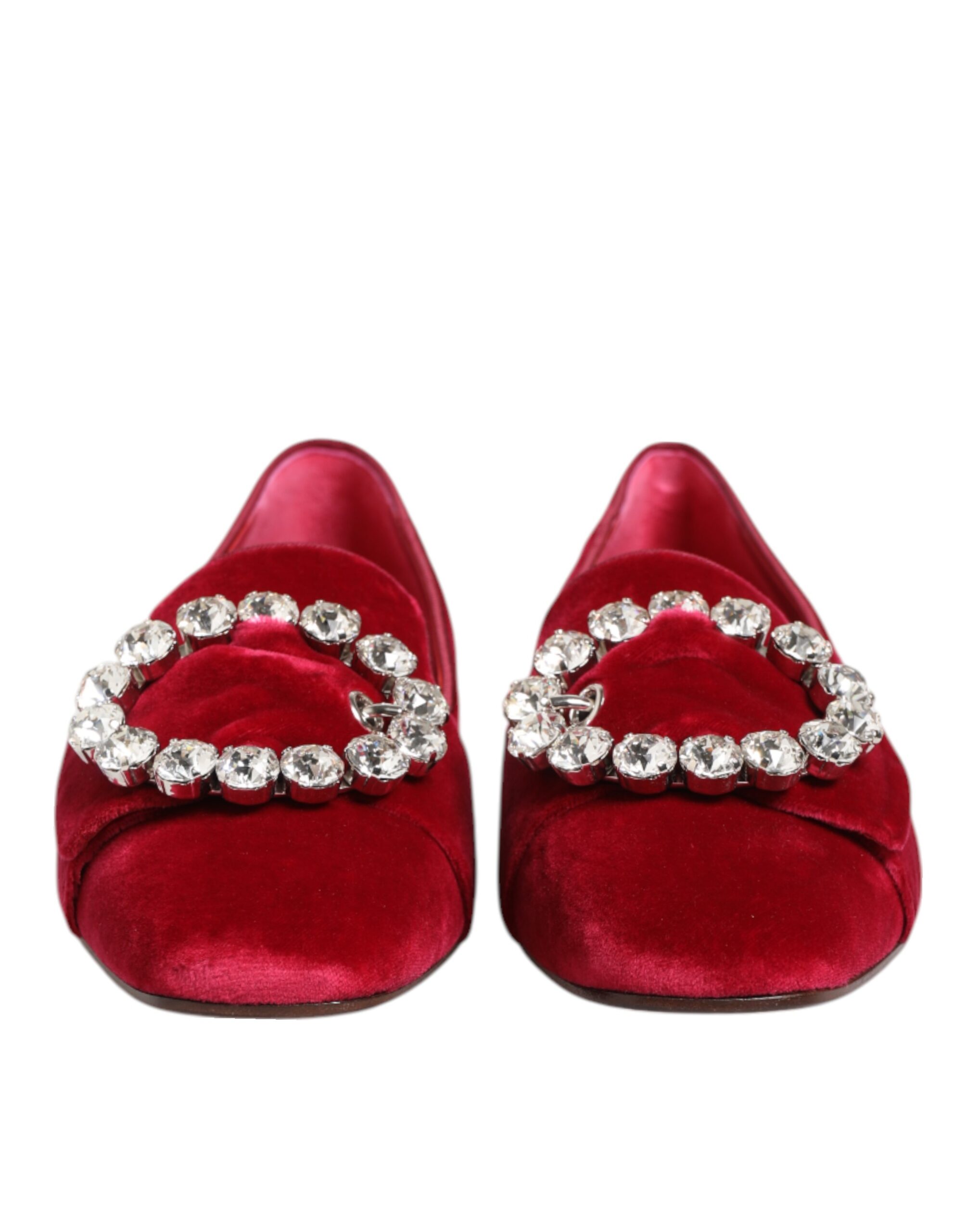 Dolce & Gabbana Red Velvet Crystal Buckle Loafers Flats Shoes - Image 3