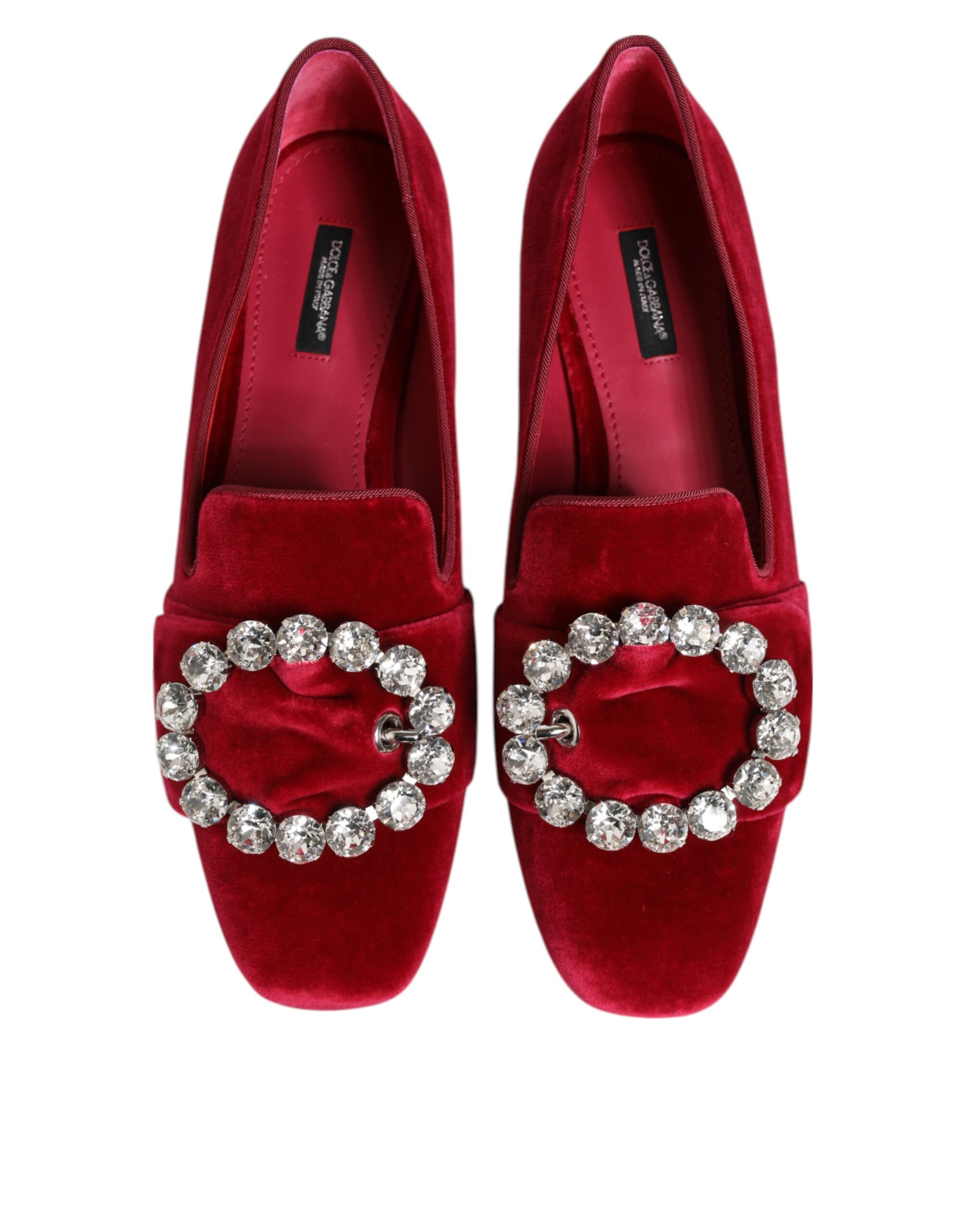 Dolce & Gabbana Red Velvet Crystal Buckle Loafers Flats Shoes - Image 4