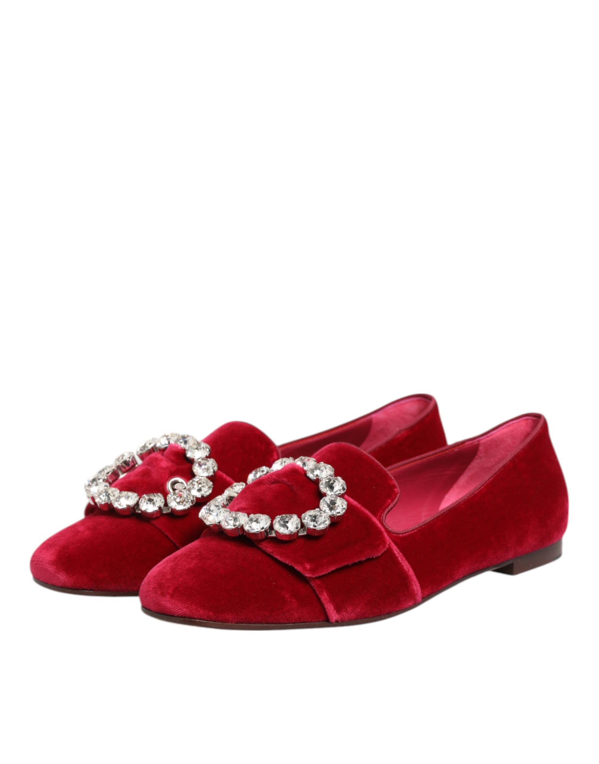 Dolce & Gabbana Red Velvet Crystal Buckle Loafers Flats Shoes - Image 5